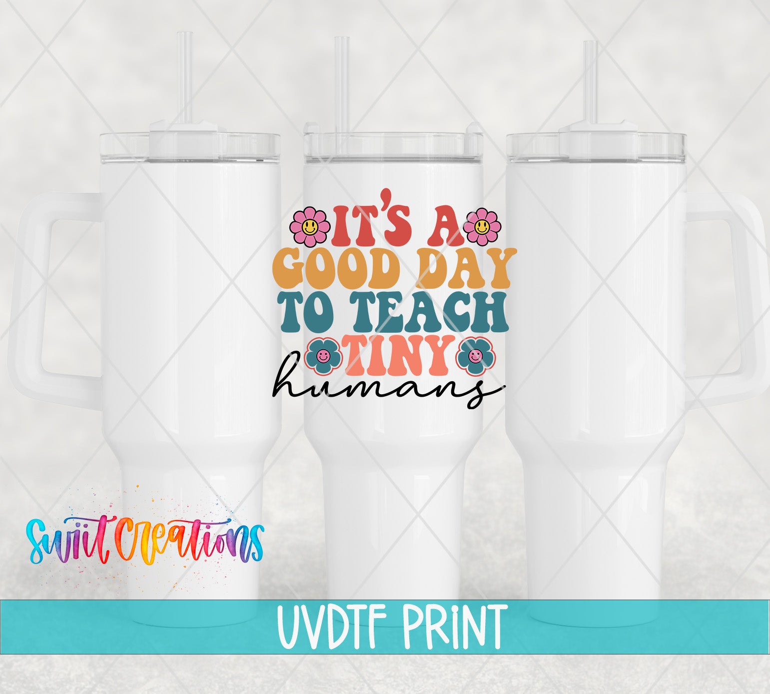 three white tumblers with a colorful and playful design on them.