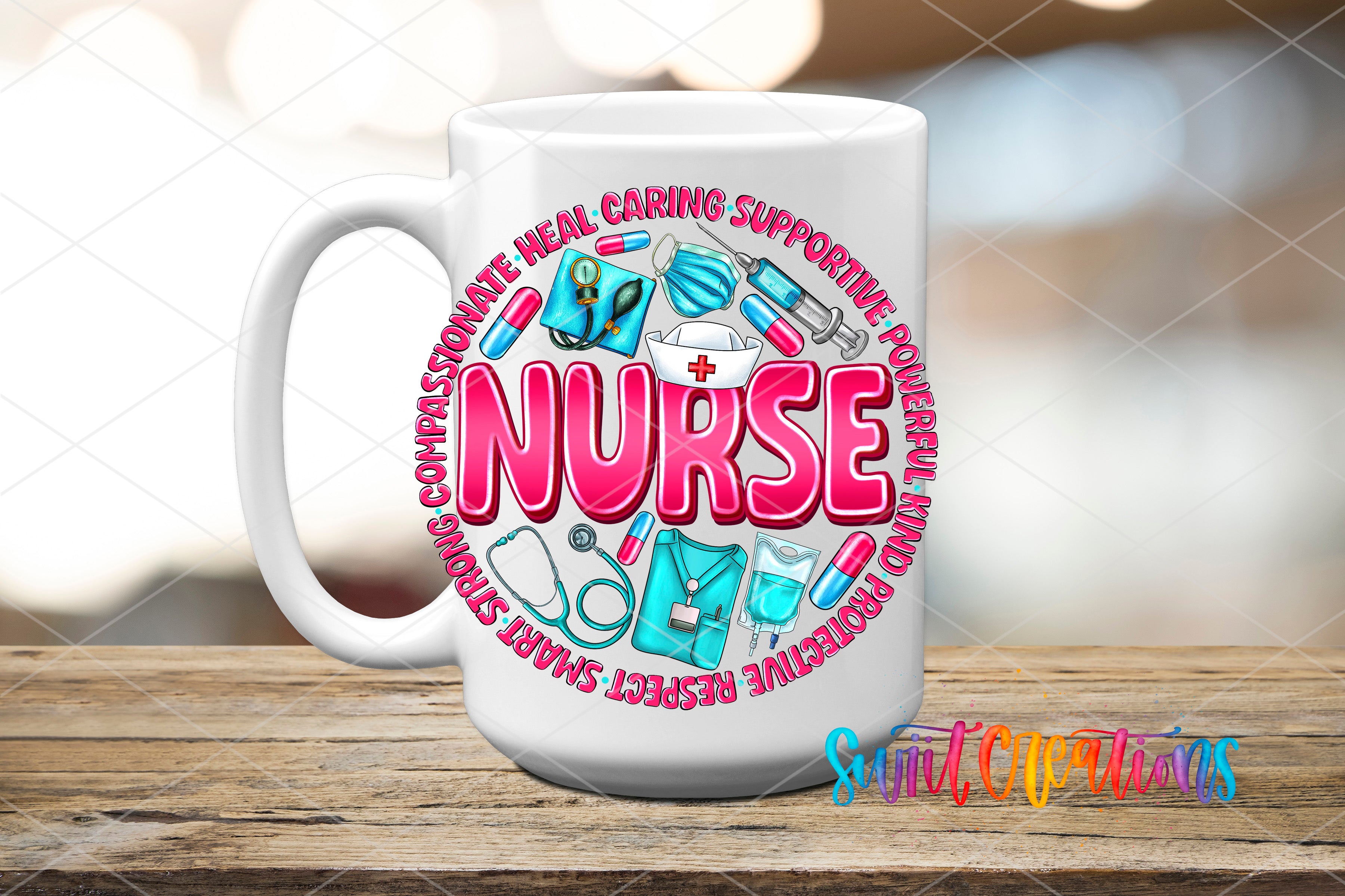 A white coffee mug with a design featuring the word "NURSE" surrounded by various medical and healthcare-related items, such as a stethoscope, syringes, and pills.