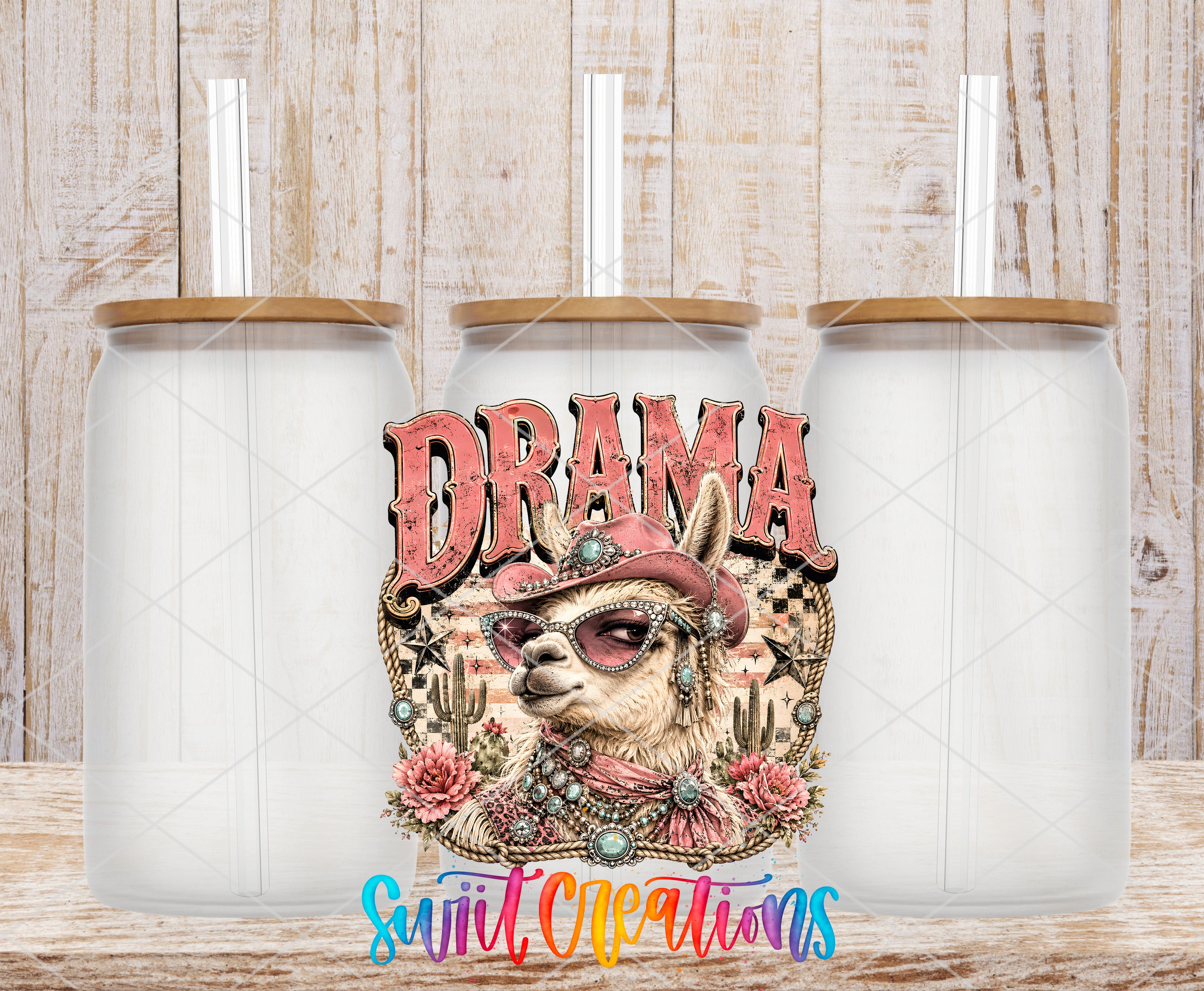 a colorful illustration of a llama wearing a hat and sunglasses, with the word "Drama" prominently displayed in the center. The llama is surrounded by various decorative elements, such as flowers and cacti, creating a whimsical and eye-catching design.