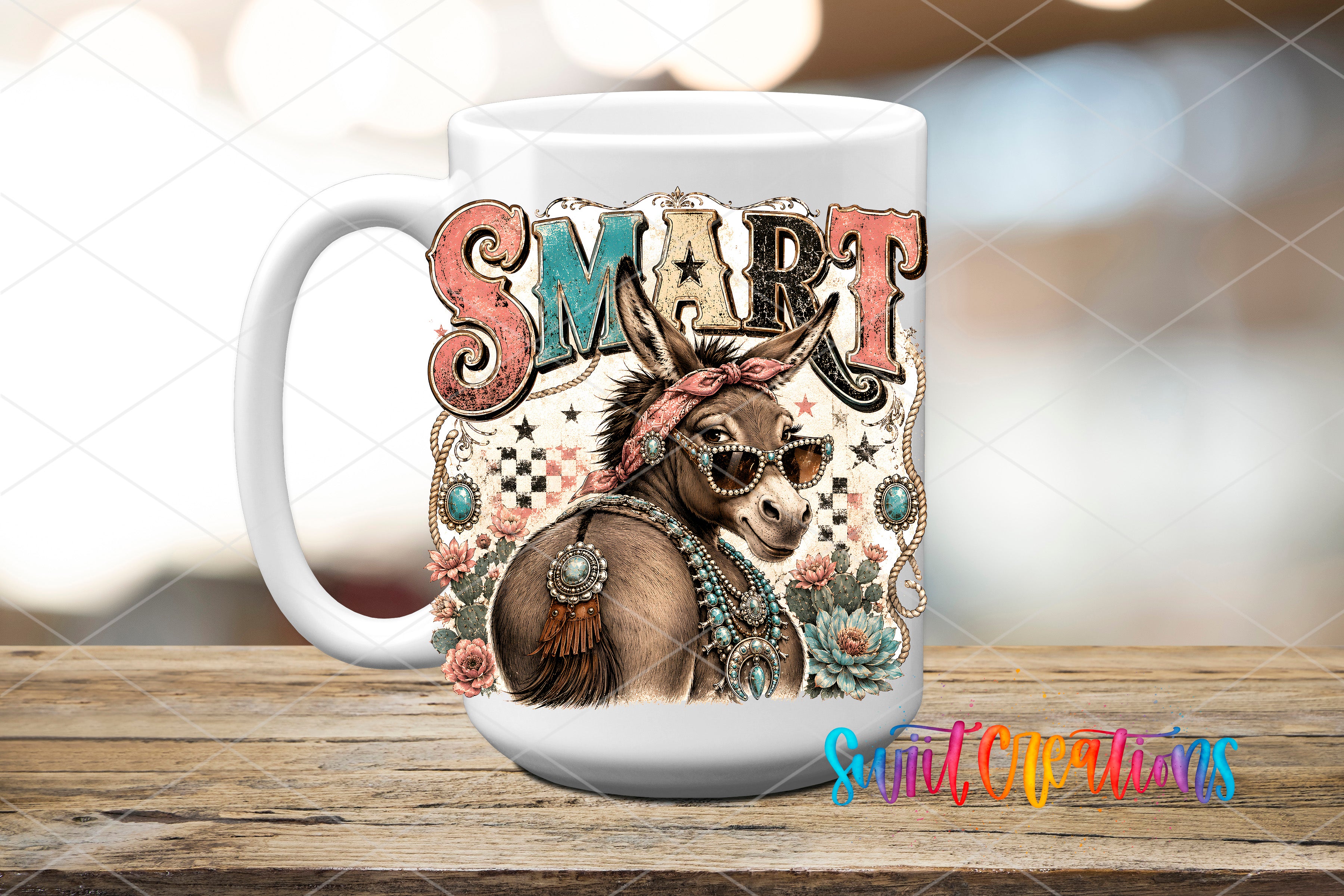 A white ceramic mug with a colorful illustration of a donkey wearing sunglasses and a bandana, surrounded by various decorative elements.