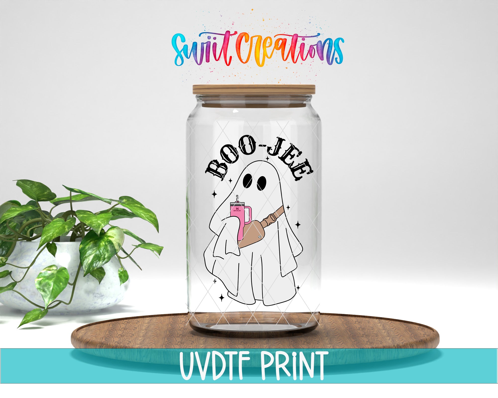 a glass jar with a picture of a ghost holding a drink