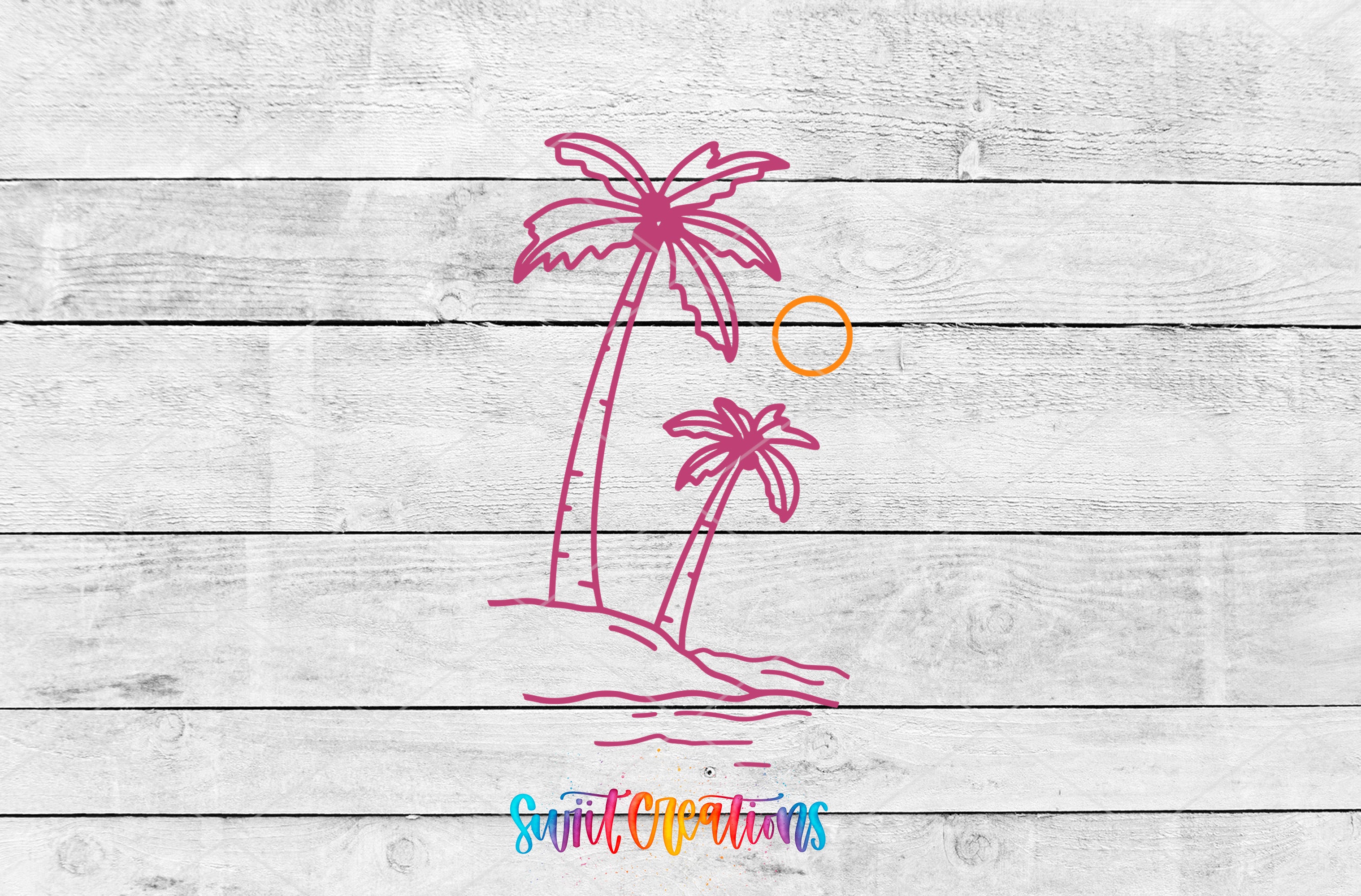 A stylized illustration of two palm trees on a beach, with a sun and a small circle in the background, set against a white wooden background.