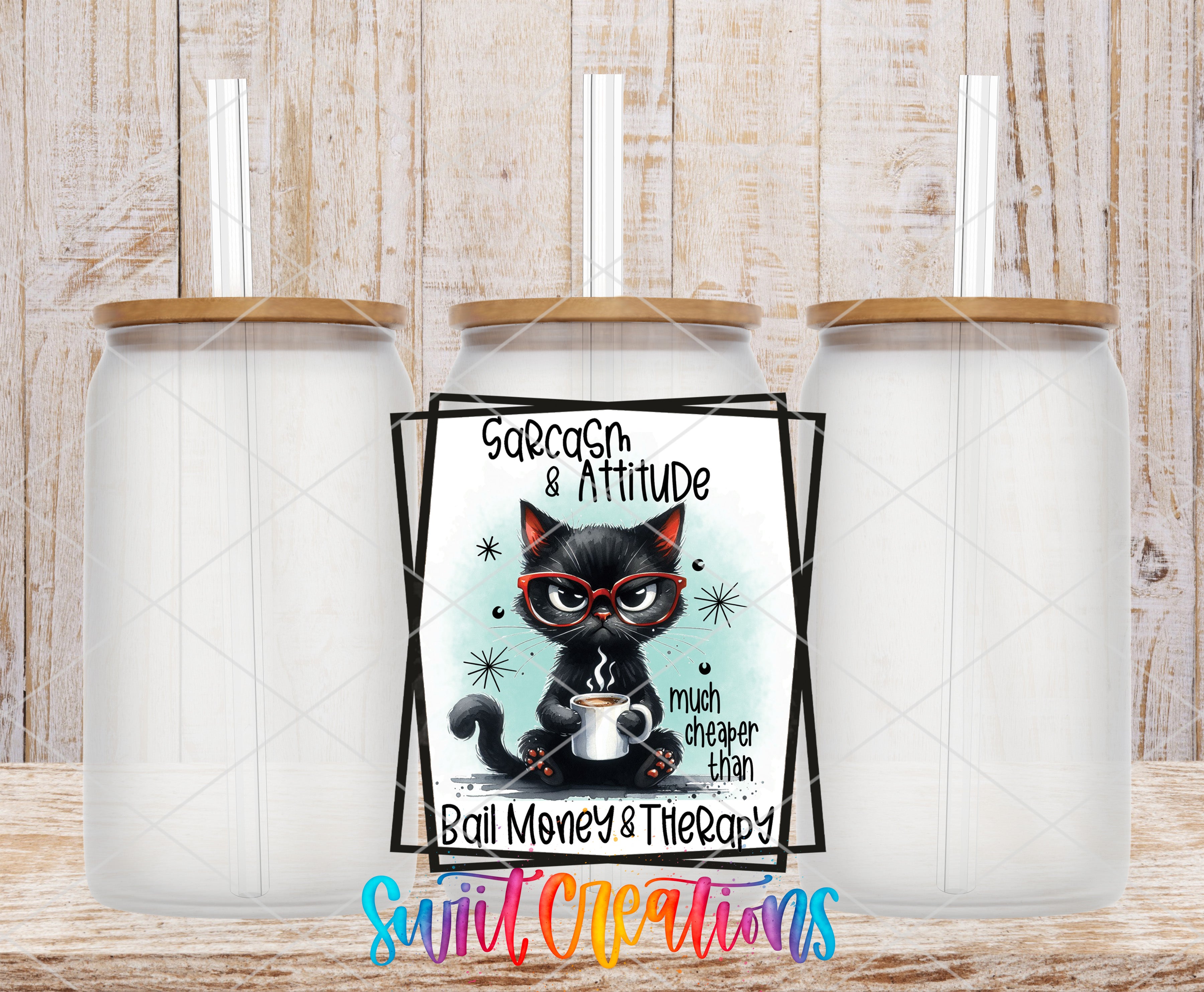 A black cat wearing glasses and holding a coffee mug is featured in the center of the image, surrounded by three identical glass jars with wooden lids.