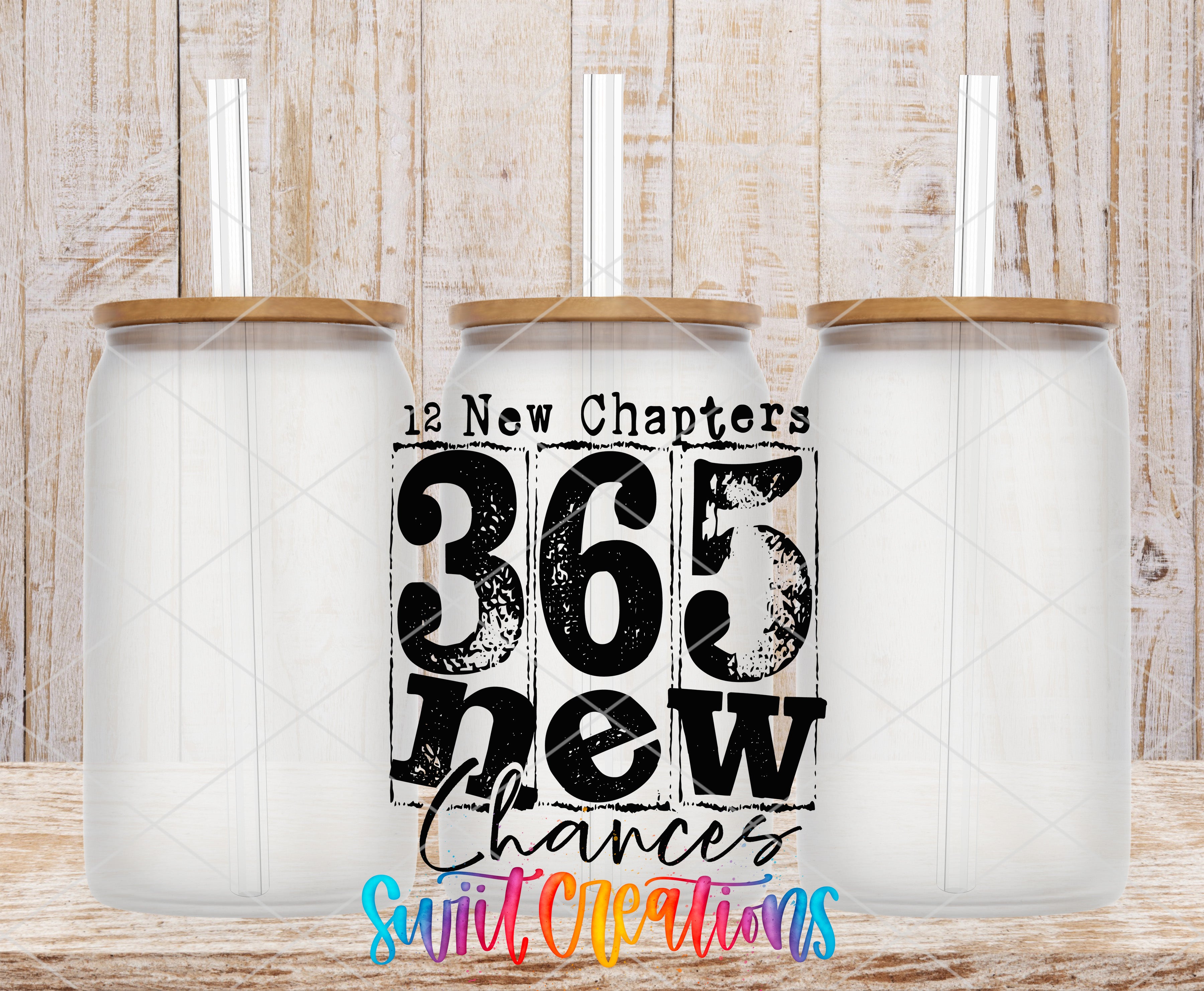 three glass jars with lids, arranged in a row against a wooden background. The text "365 new chapters" is prominently displayed in the center of the image, with the word "new" emphasized in a larger font size.