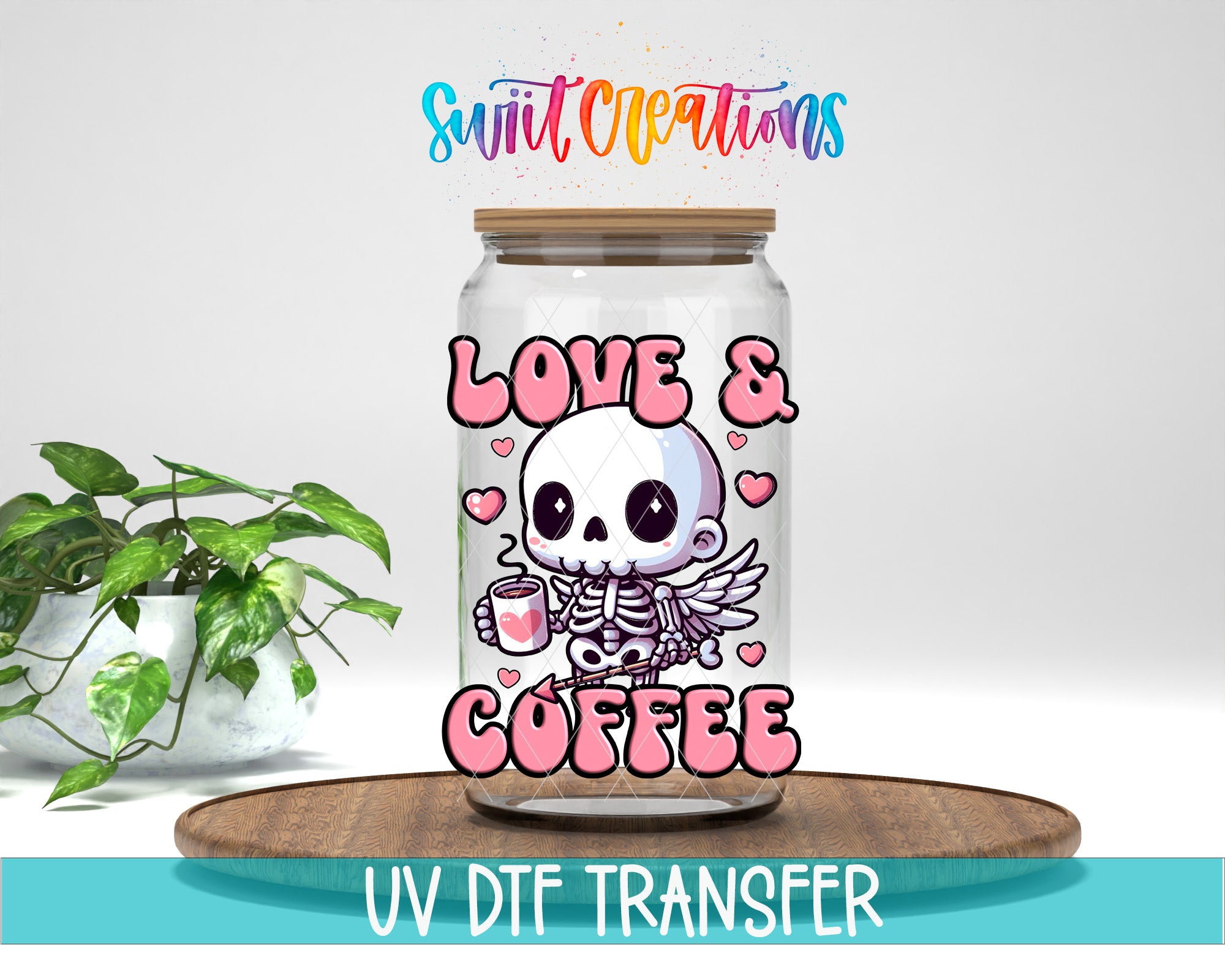 A glass jar with a cartoon skeleton holding a coffee cup, accompanied by the text "Love & COFFEE" and "Swift Creations" above it. The jar is placed on a wooden surface, and there is a potted plant in the background.