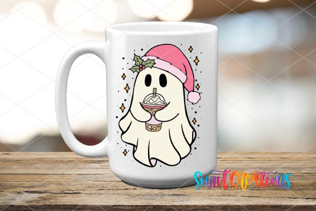 a white coffee mug with a dog wearing a santa hat