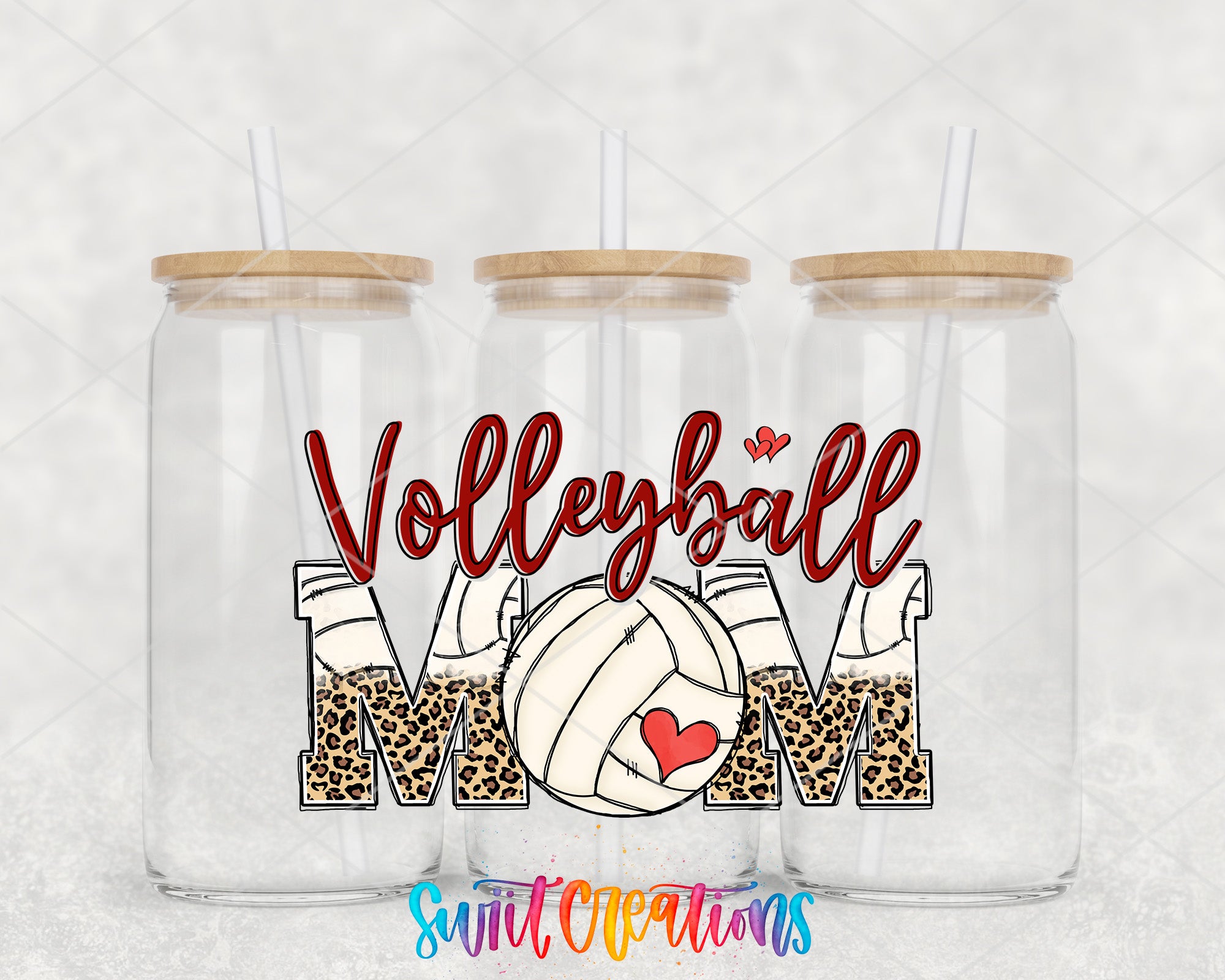 three glass jars with straws, each containing a leopard print volleyball and the word "Volleyball" written in a stylized font.
