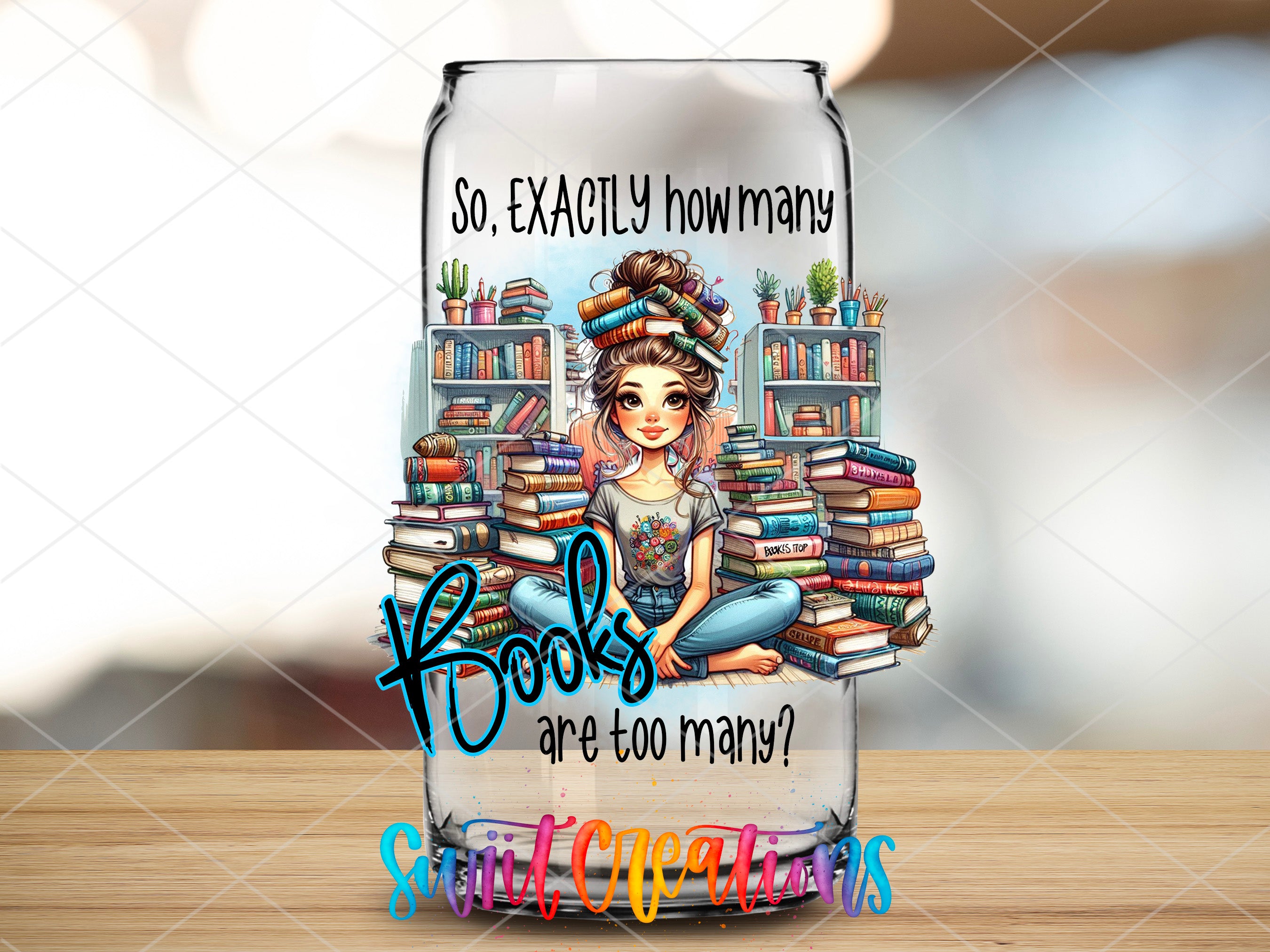 a glass with a picture of a girl sitting on a stack of books