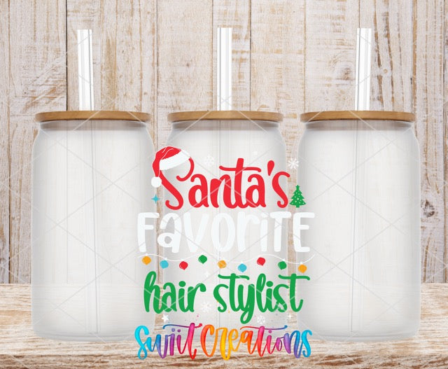 two plastic containers with santa's favorite hair stylist on them