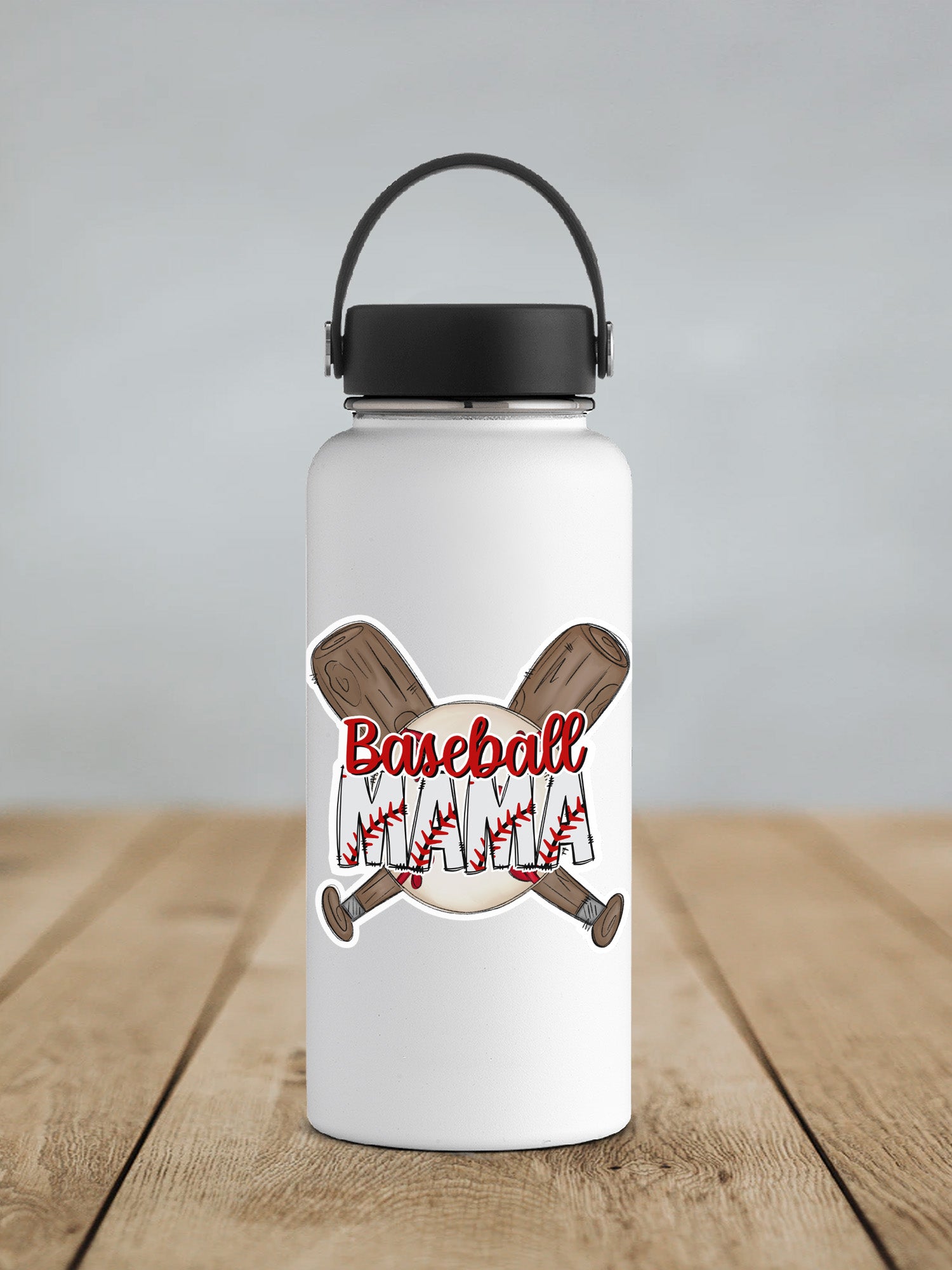 a white water bottle with a baseball and bats on it