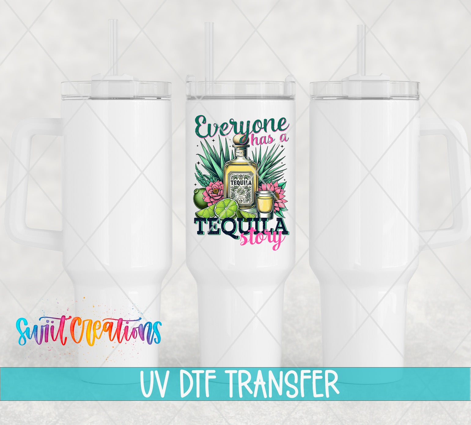 three white tumblers with a Tequila-themed design on the front.