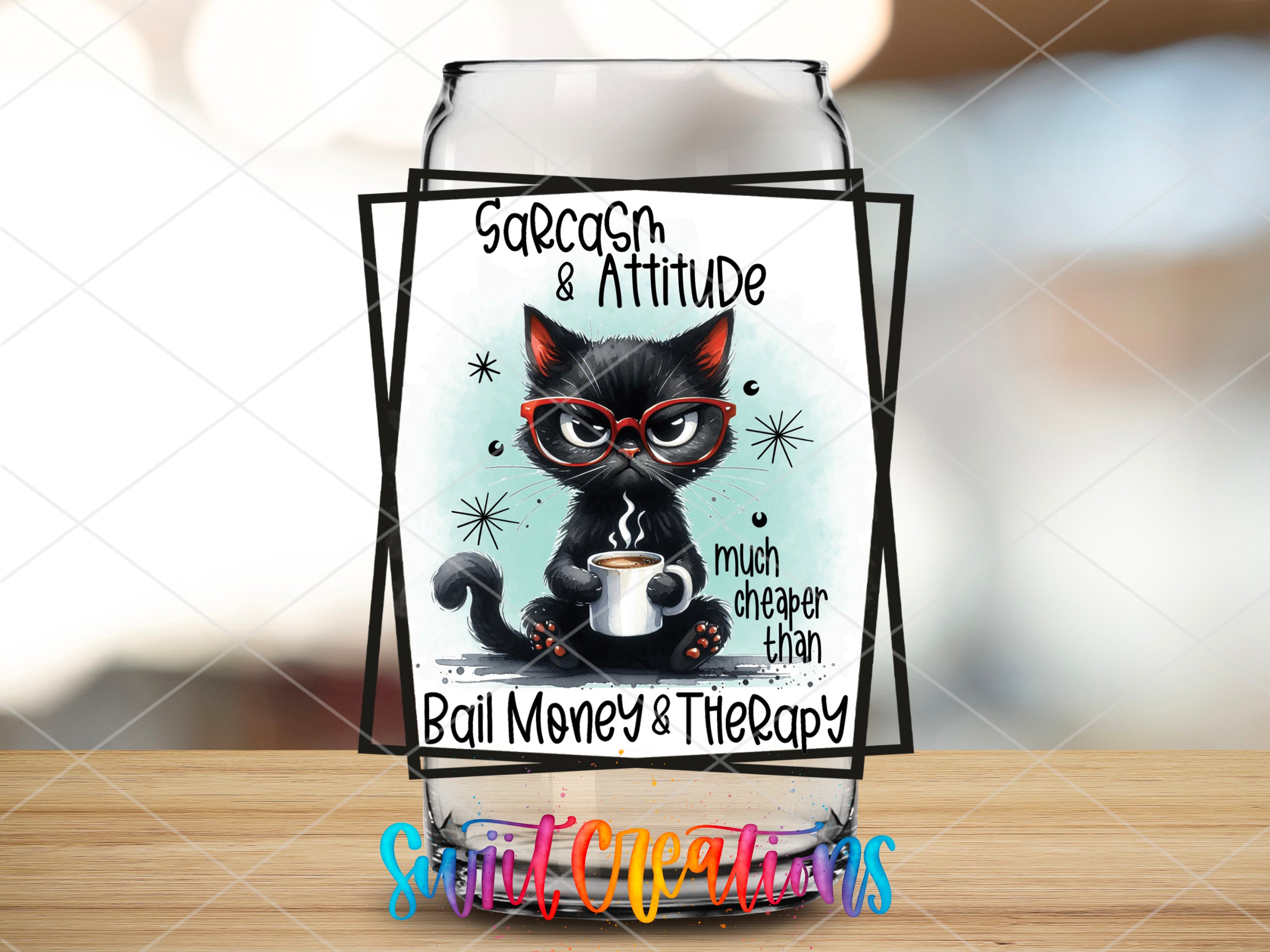 a card with a black cat holding a cup of coffee