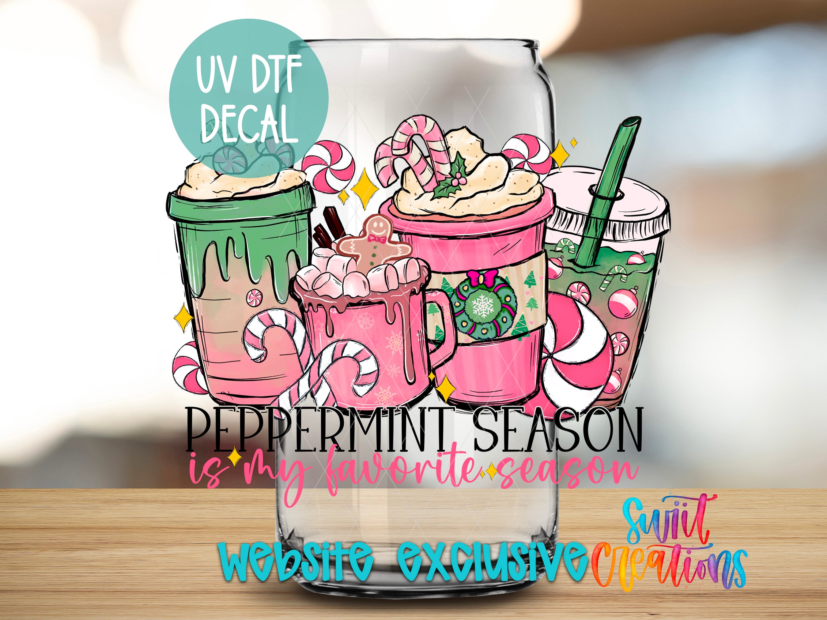 a glass jar filled with various colorful drinks, including hot chocolate, coffee, and iced tea, along with candy canes and other festive decorations. The text overlay on the image reads "UV Dtf DECAL" and "PEPERMINT SEASON is my favorite season", suggesting that the image is a creative and festive design related to the peppermint season.