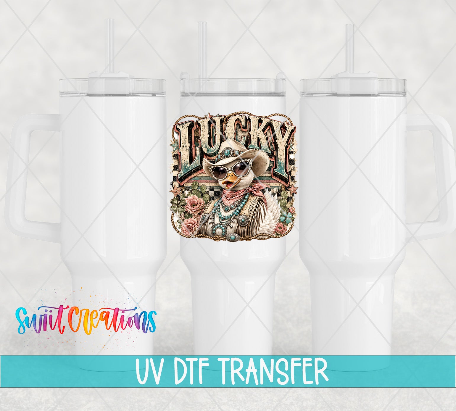 a white ceramic mug with a colorful and whimsical design, including a cowboy hat, sunglasses, and floral elements. The mug is placed against a light background, and there is text at the bottom of the image that reads "UV DFT TRANSFER".