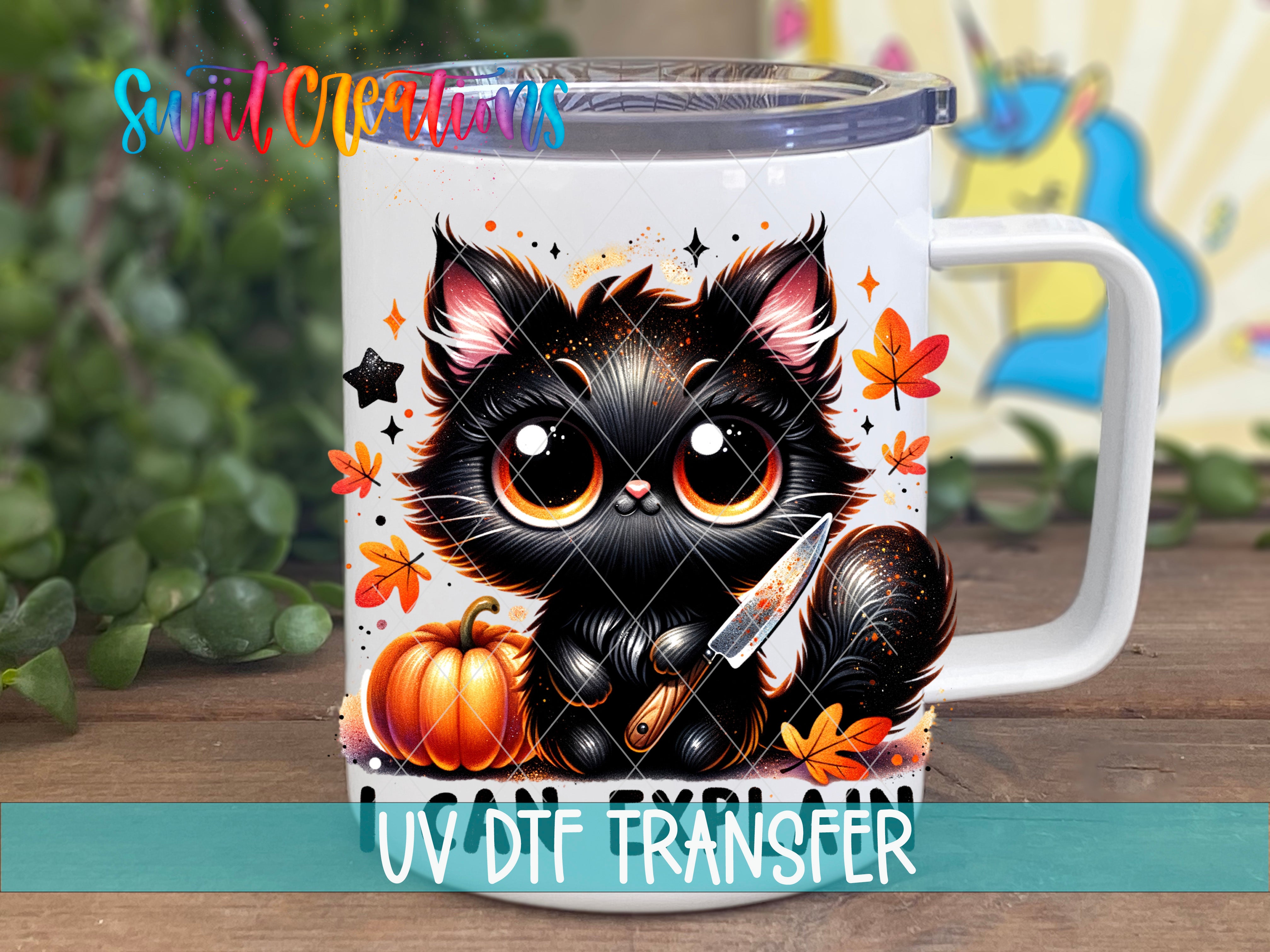 A mug with a black cat design featuring a pumpkin and a knife, along with a unicorn and autumn leaves.