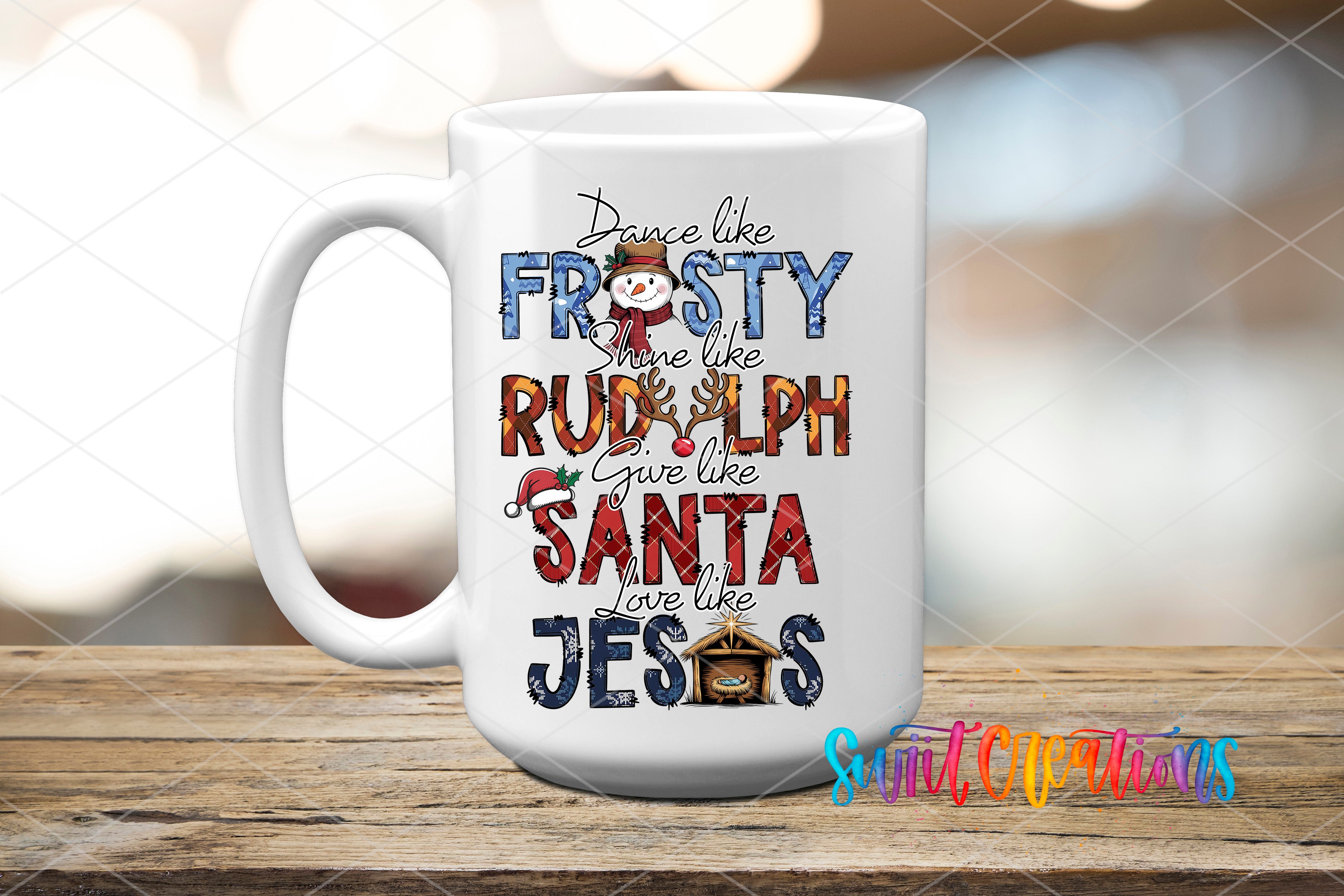 A white ceramic mug with a colorful design featuring text and illustrations related to Christmas and holiday themes.