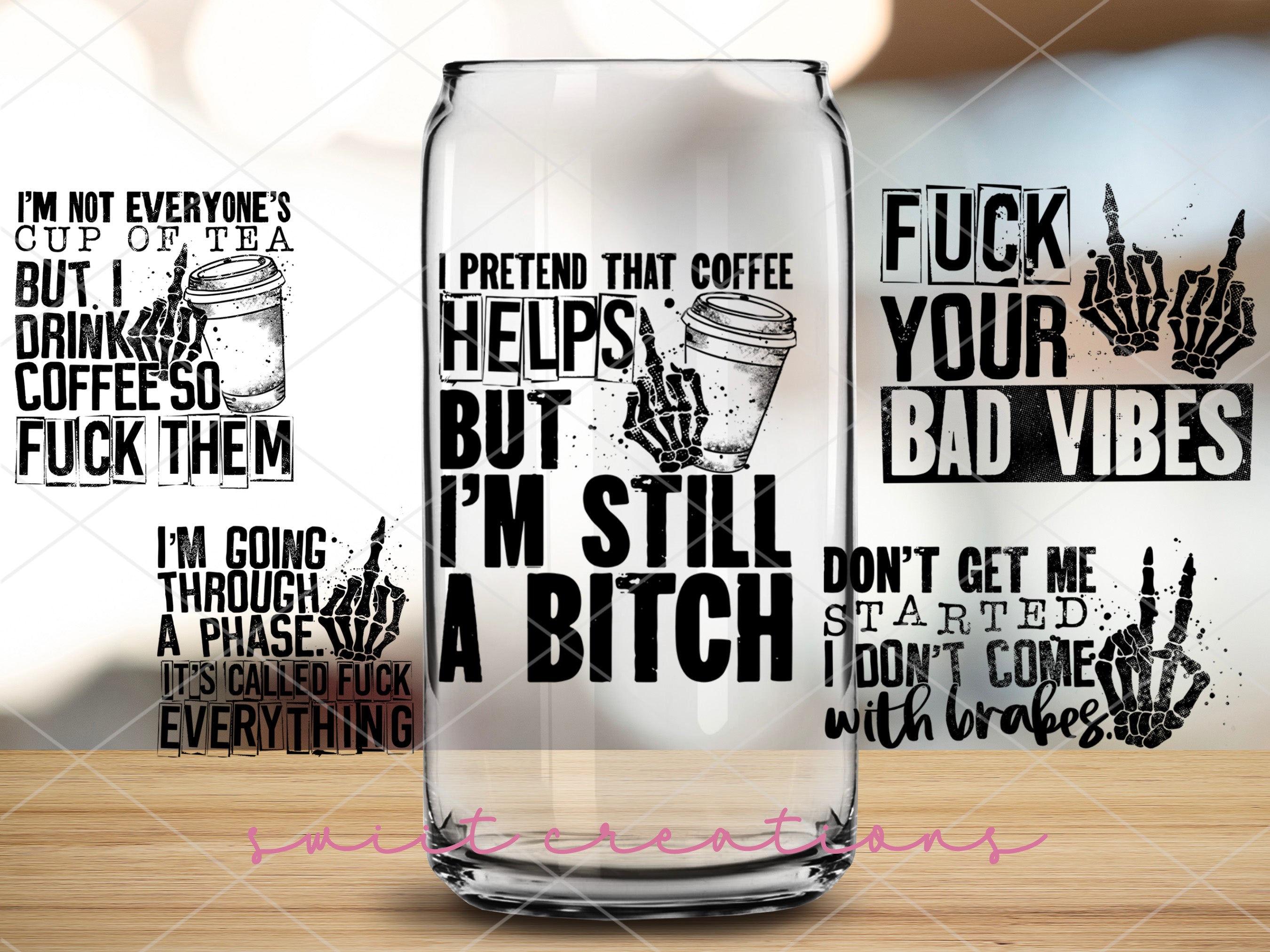 a glass with a message on it sitting on a table