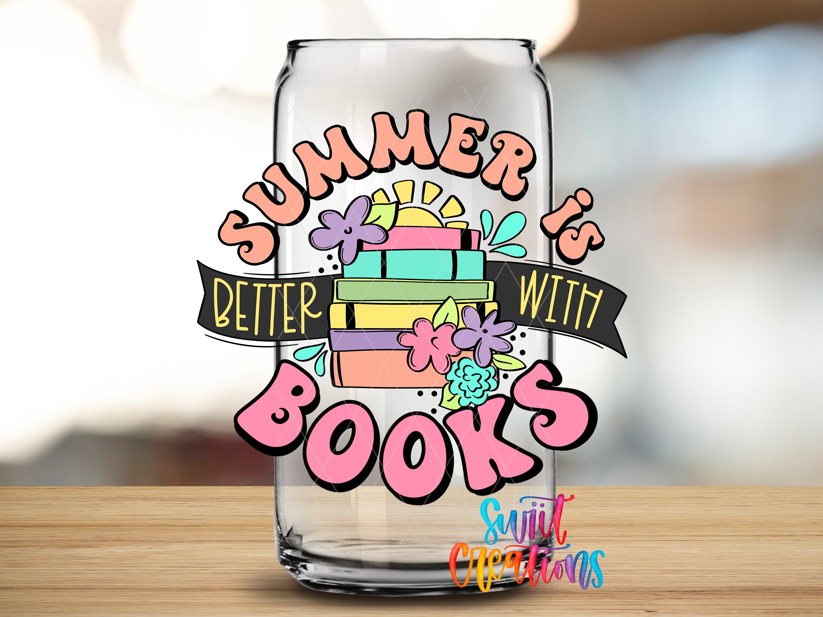 A glass can with a colorful design featuring the text "Summer is better with books" and various summer-themed elements such as flowers and a sun.