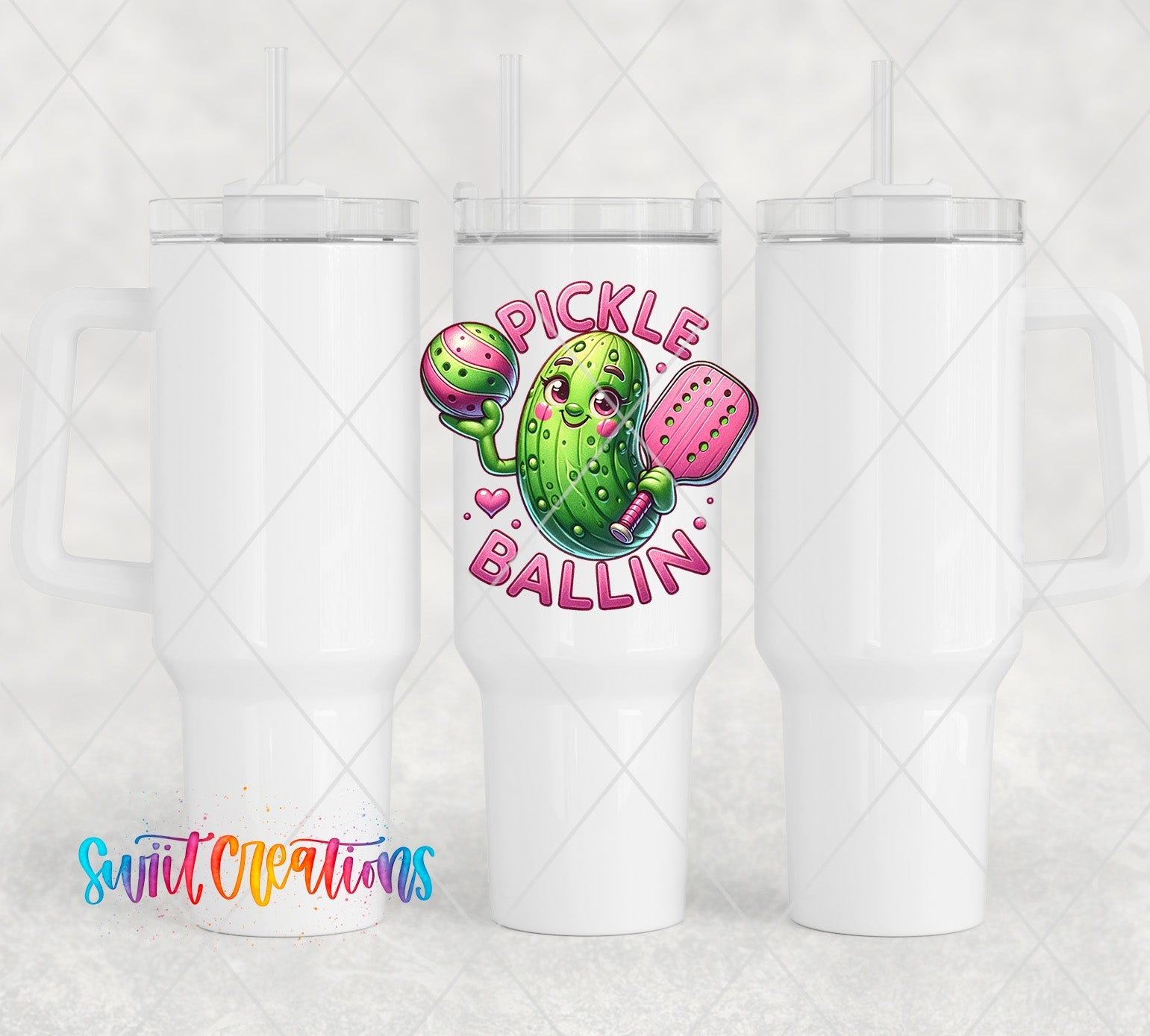 two white tumblers with a design of a pickle and a ballon