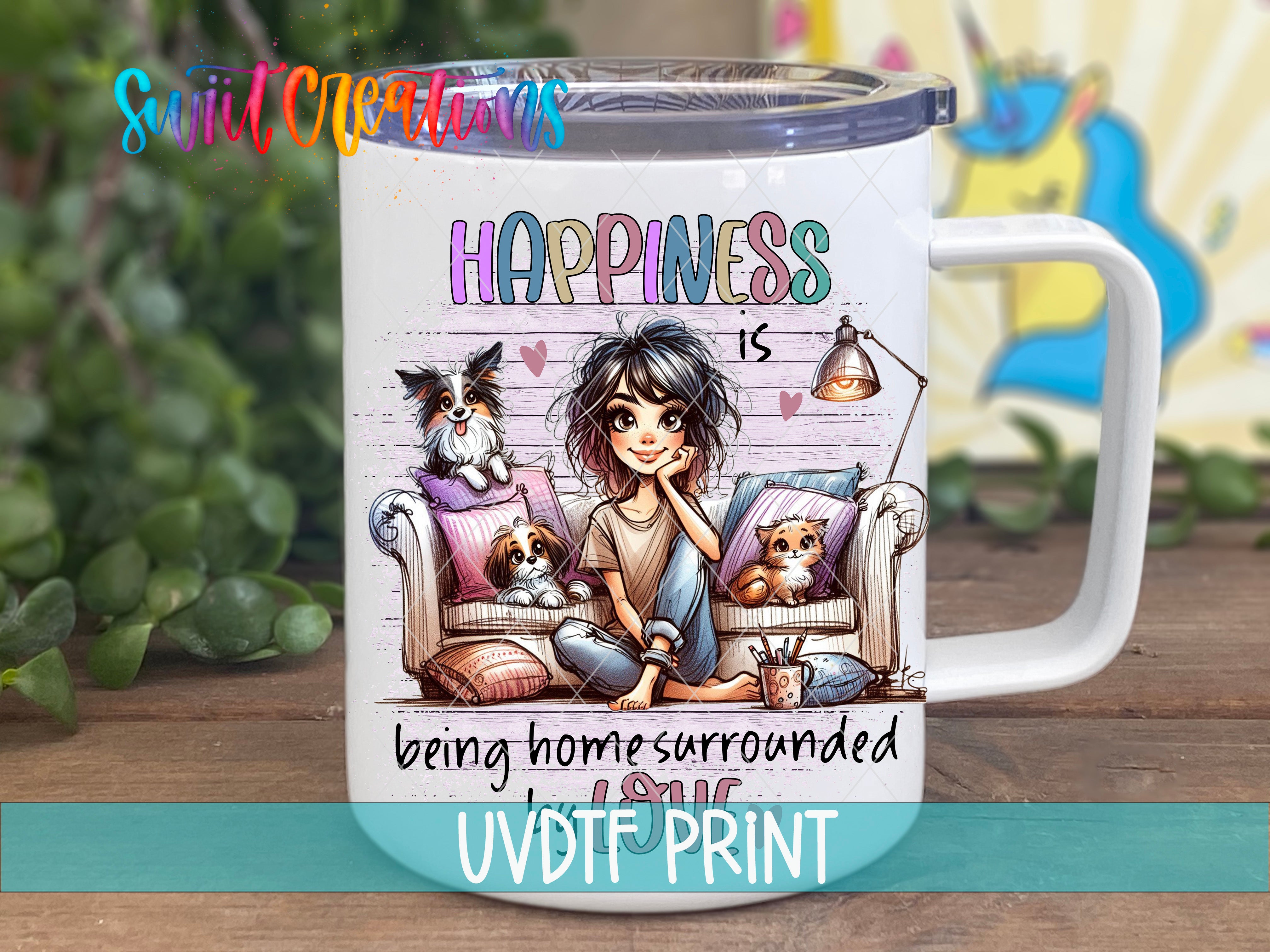 a coffee mug with a picture of a girl sitting on a couch