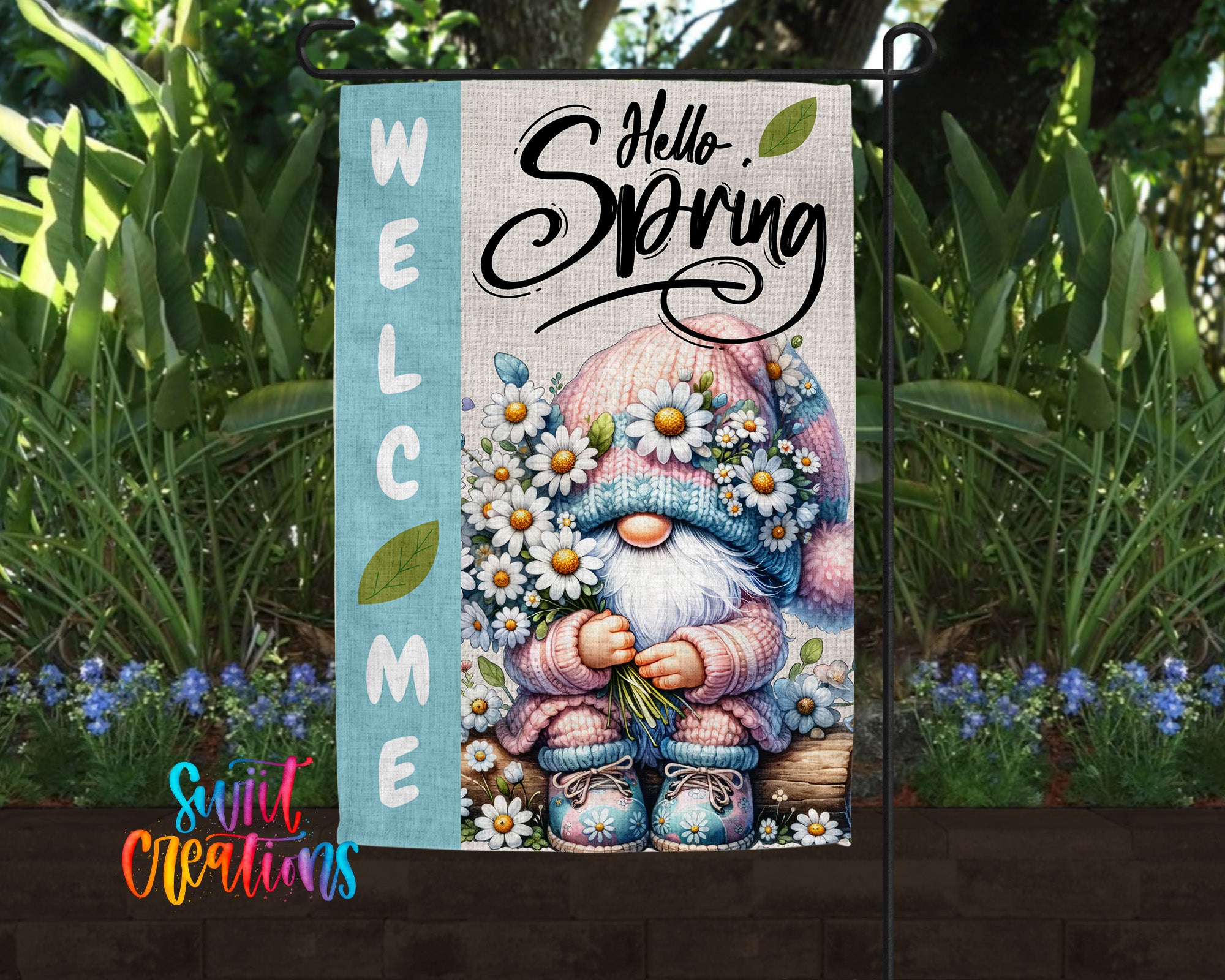 A garden sign featuring a gnome holding flowers and surrounded by greenery, with the text "Welcome Spring" displayed on the sign.