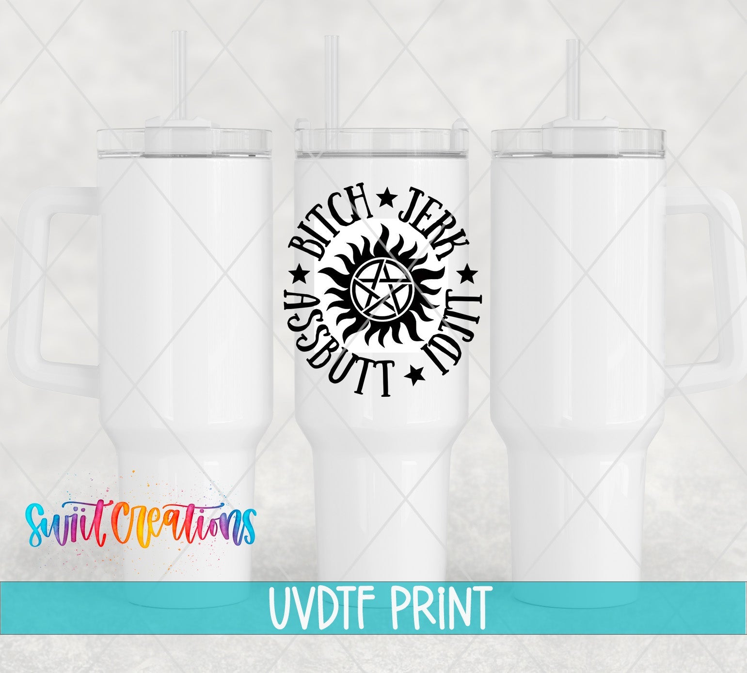 a set of three white tumblers with black lettering