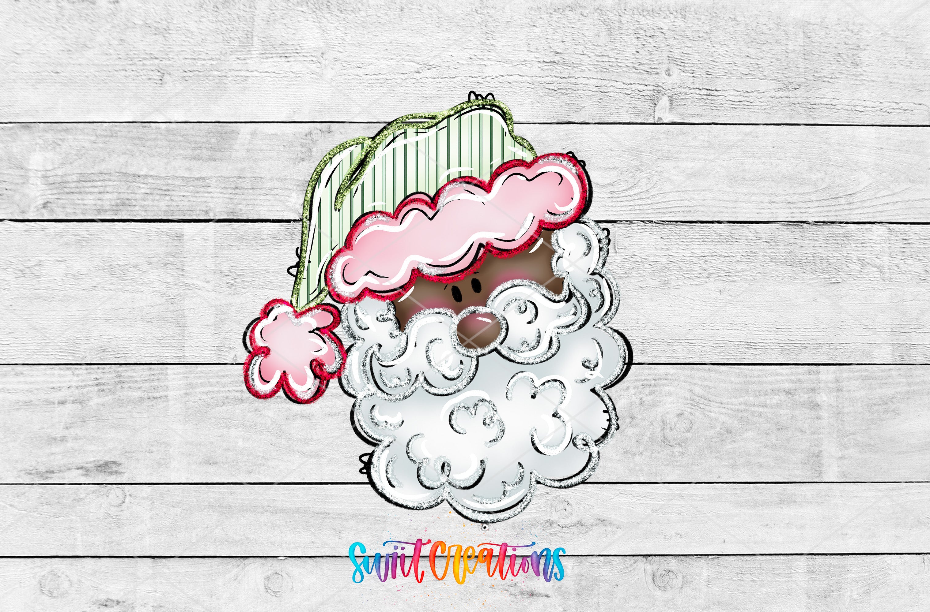 A cartoon Santa Claus wearing a green and white striped hat with a pink pom pom, set against a white wooden background.