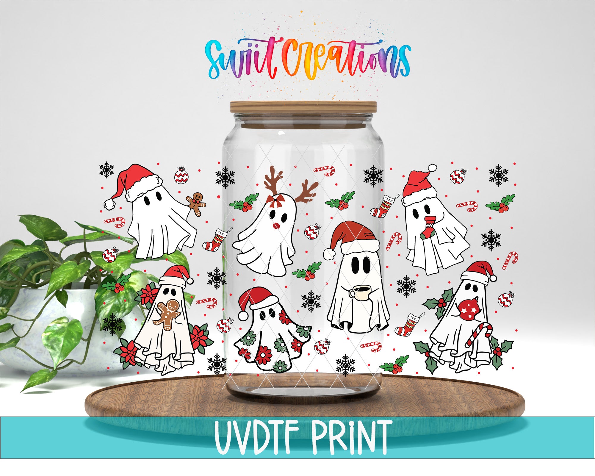 A glass jar with a lid, decorated with various ghost-like figures wearing Santa hats and surrounded by festive elements such as snowflakes, candy canes, and holly leaves.