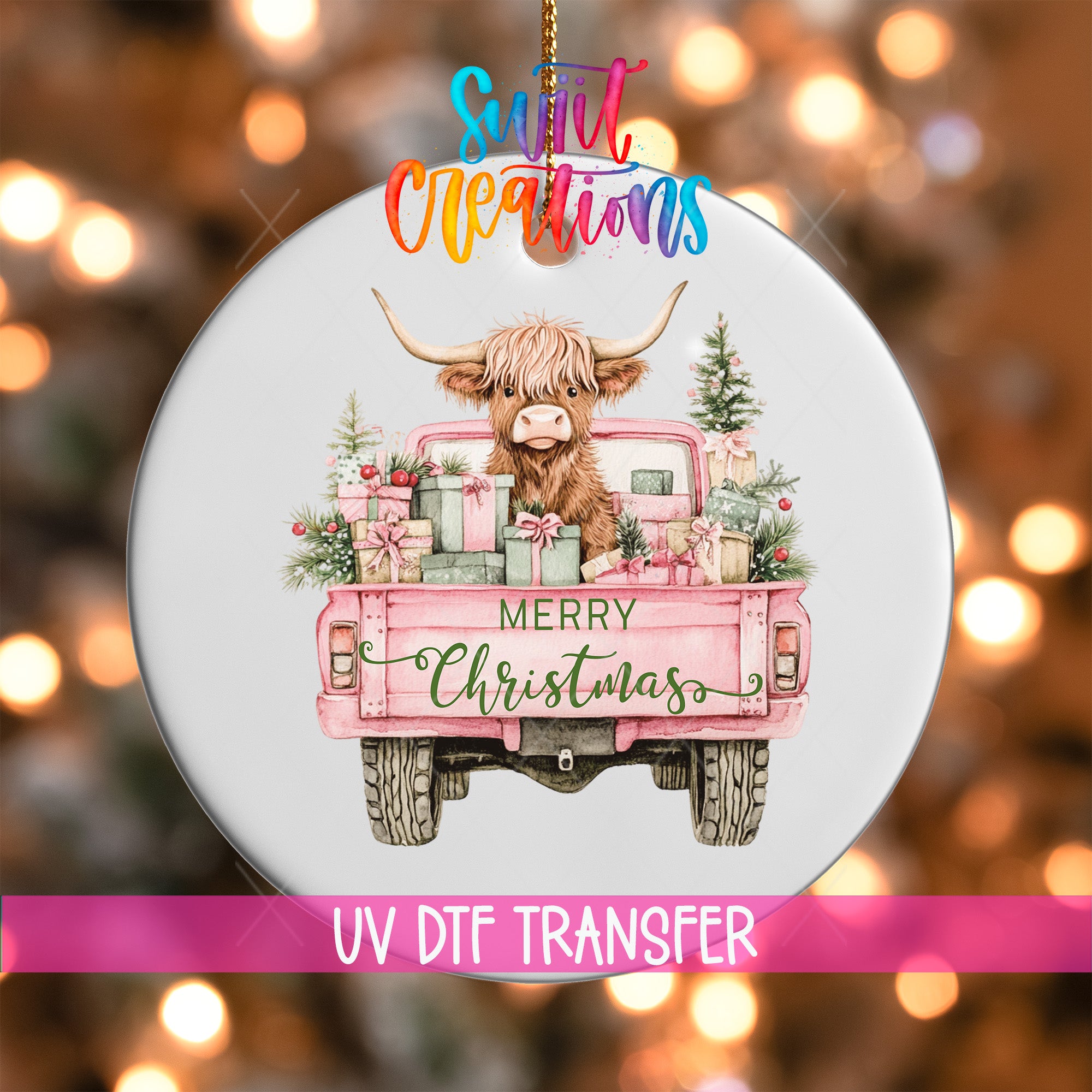 A Christmas ornament featuring a cartoon cow in a pink truck, surrounded by holiday decorations such as presents and trees. The ornament has the text "Merry Christmas" written on it.