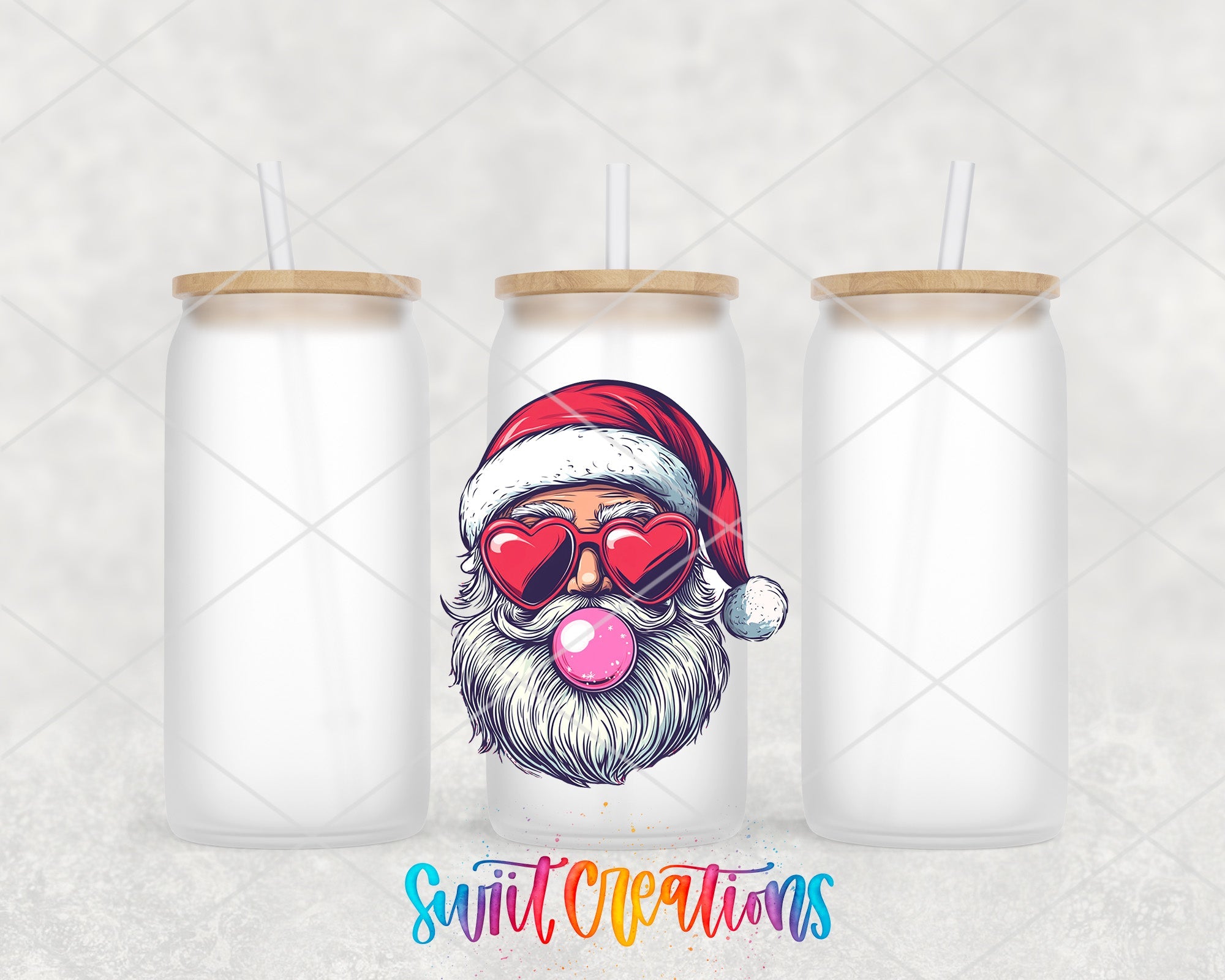 a santa claus face with sunglasses and a santa hat