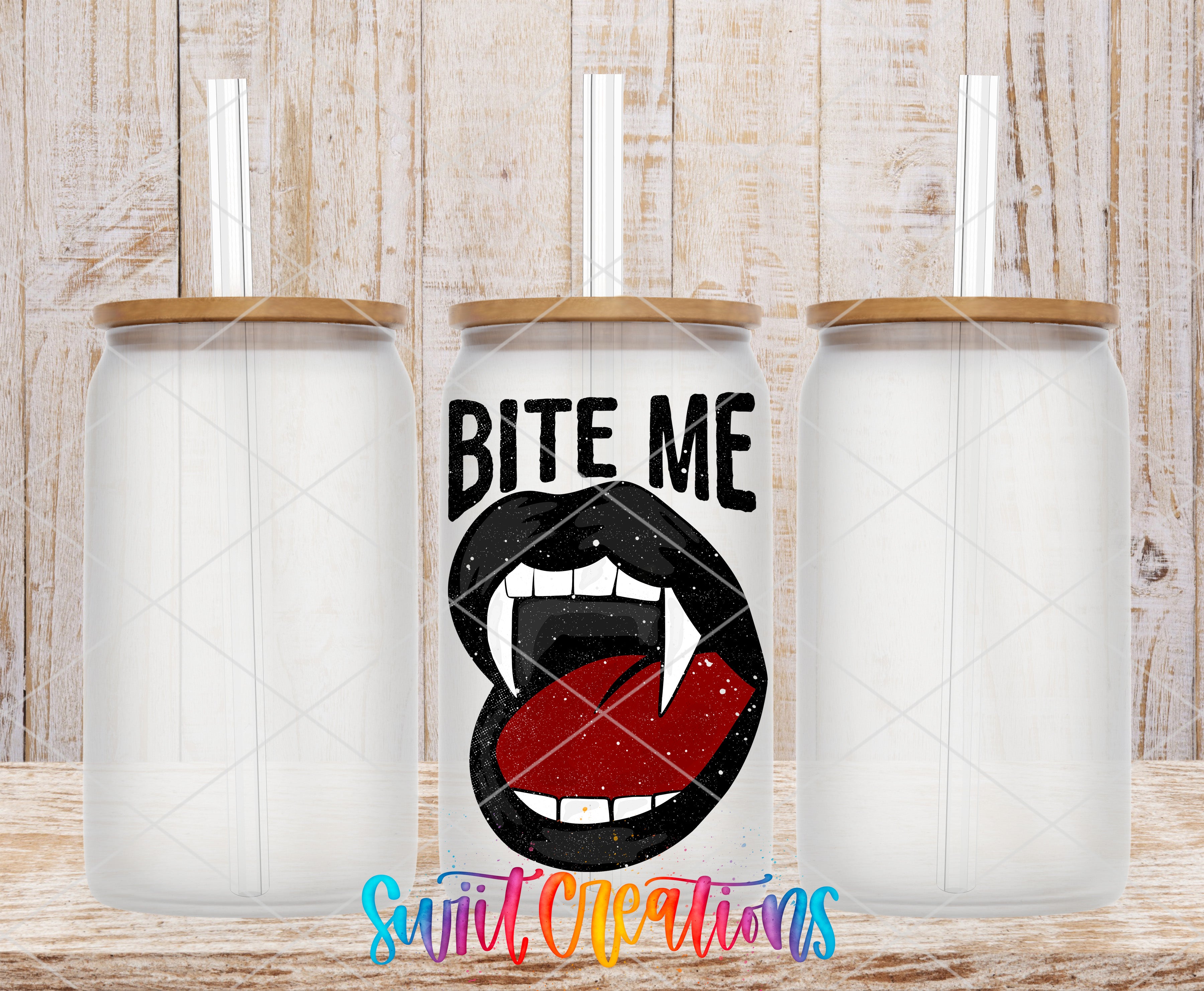 a can with a mouth design and the text "BITE ME" on it, placed between two empty glass jars.