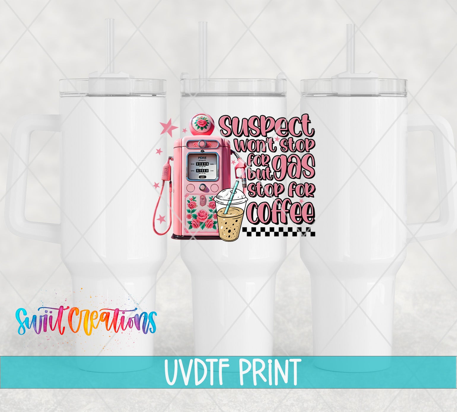 a set of three coffee mugs with a pink phone on them