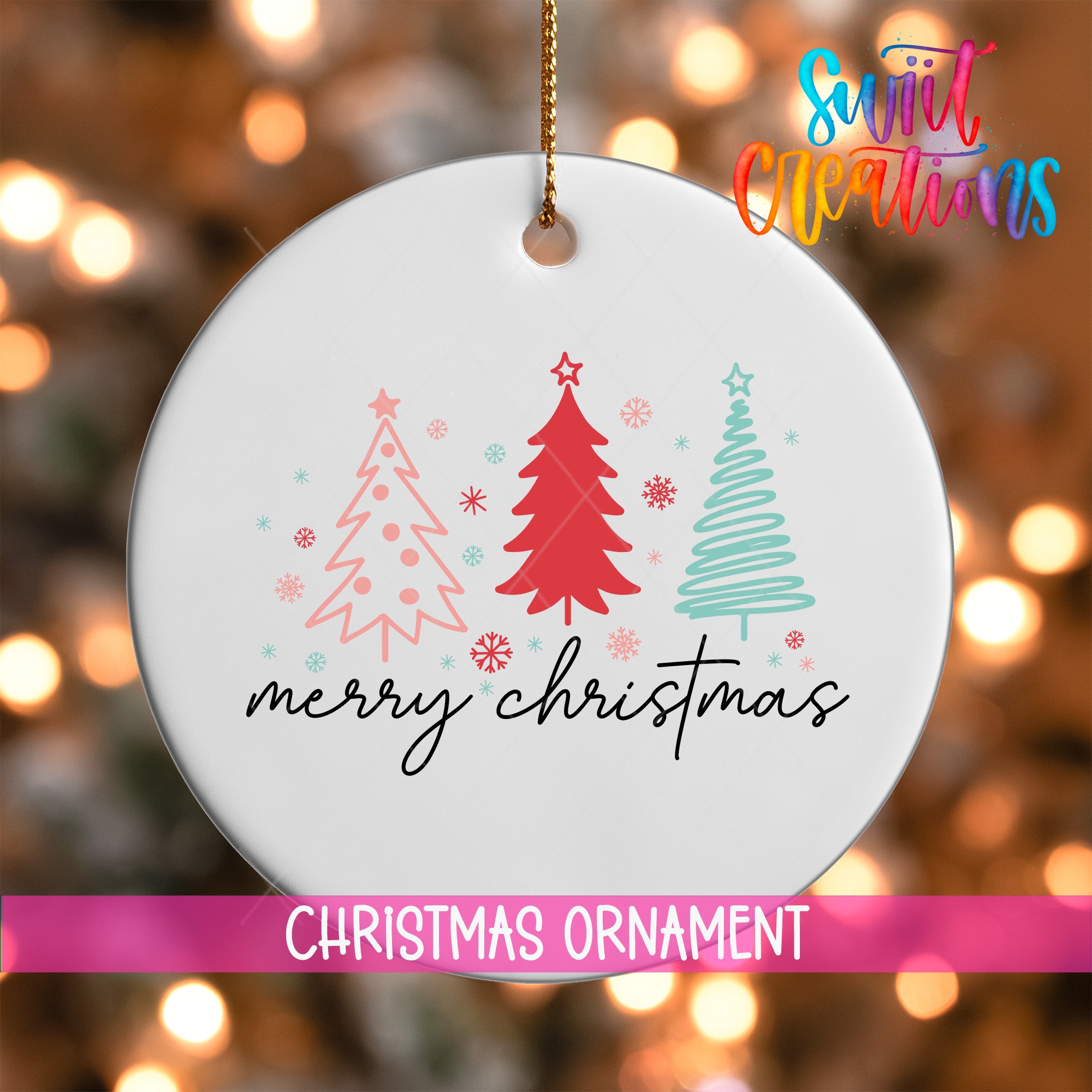 A white Christmas ornament with three stylized Christmas trees and snowflakes, along with the text "Merry Christmas" and "Christmas Ornament" printed on it.