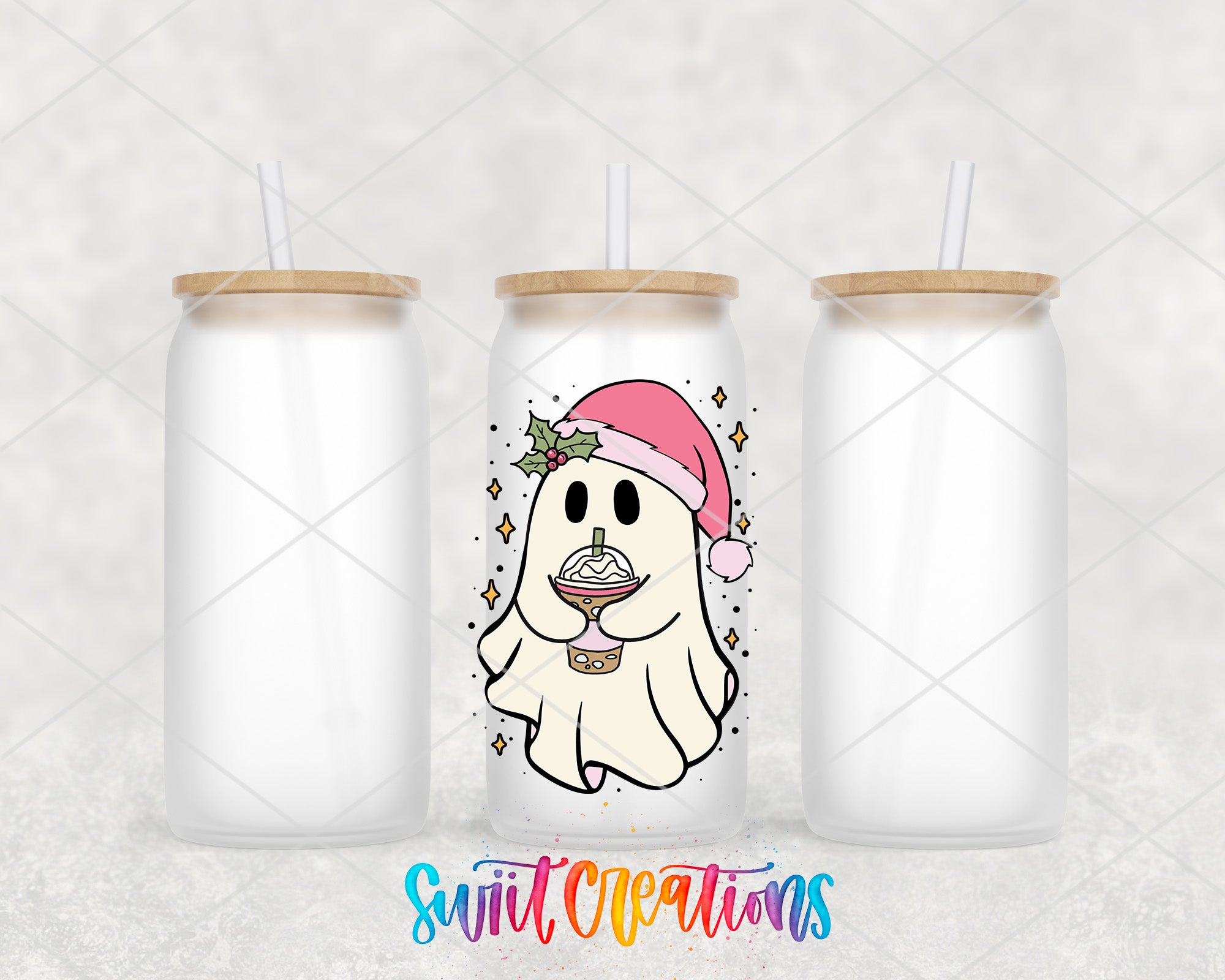 a white dog wearing a santa hat and holding a straw in its mouth