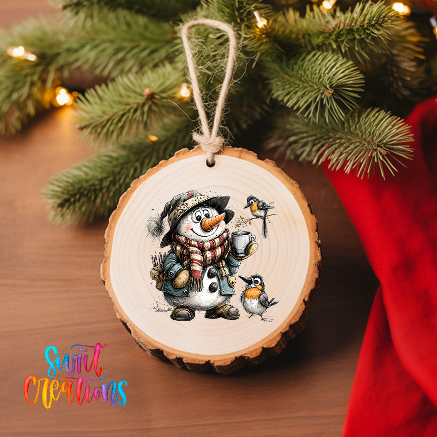 A wooden ornament featuring a snowman and two birds, hanging on a Christmas tree.