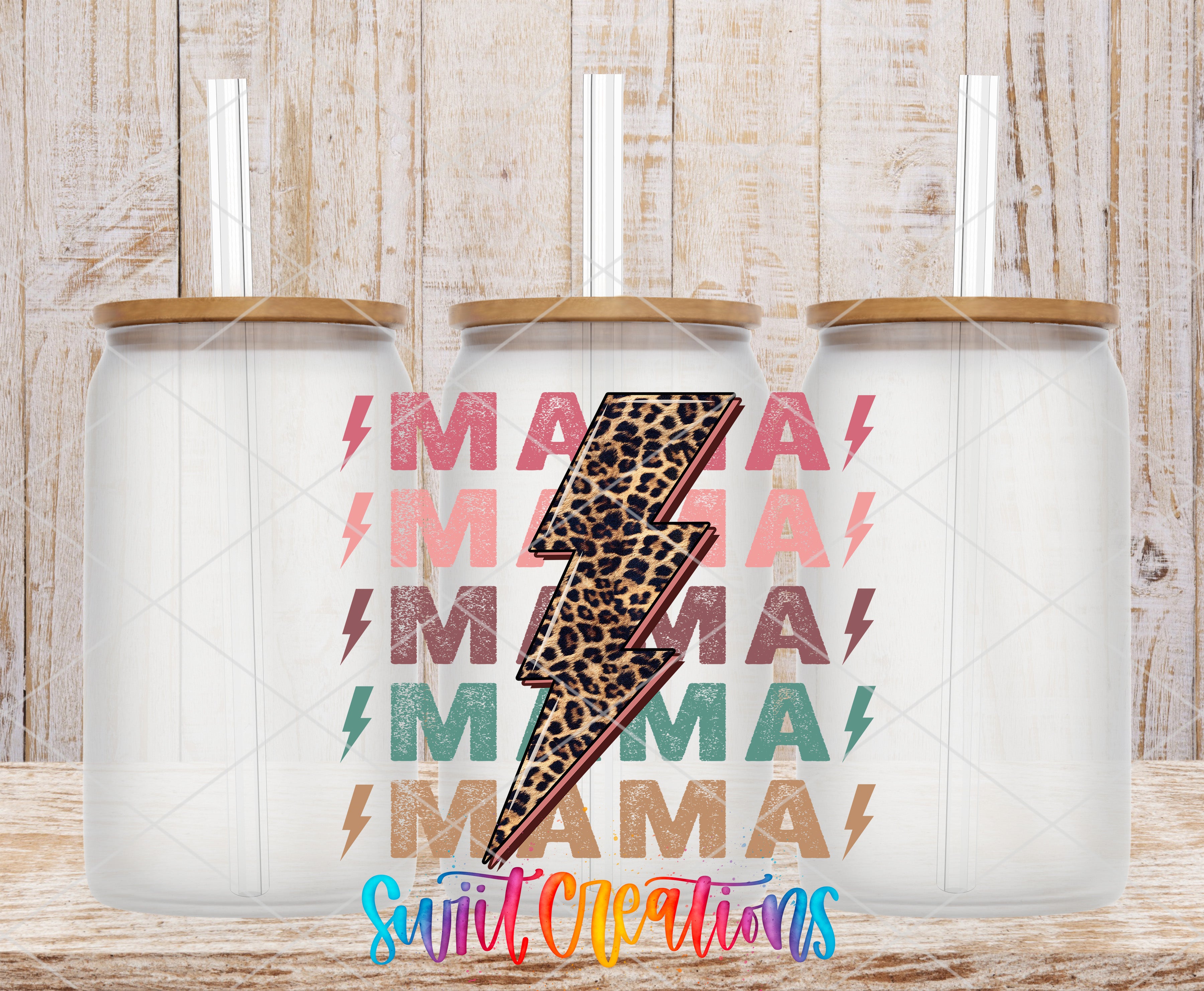 three glass jars with leopard print designs and the word "MAMA" printed on them, along with a lightning bolt graphic.