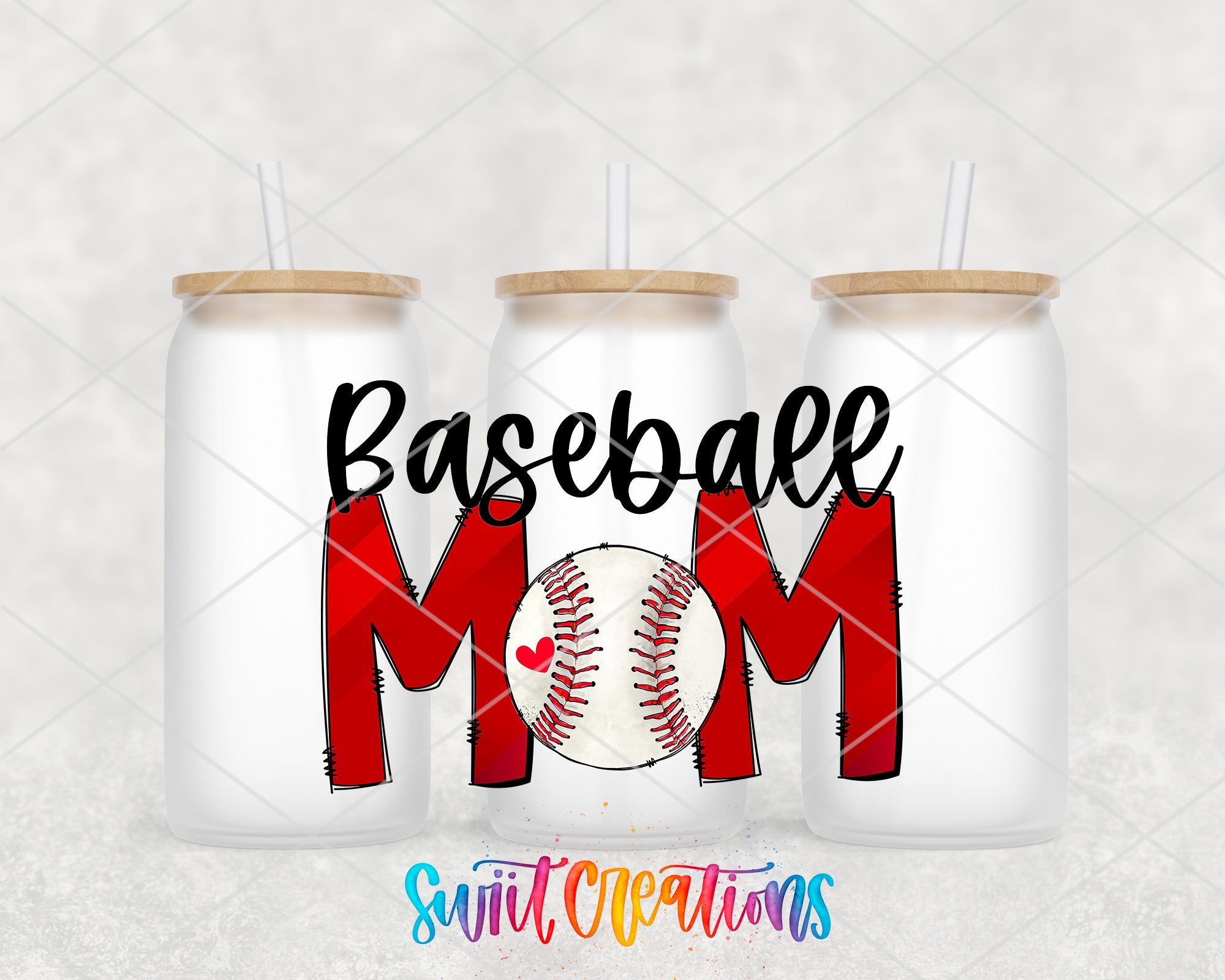 two baseball mom mason jars with straw tops
