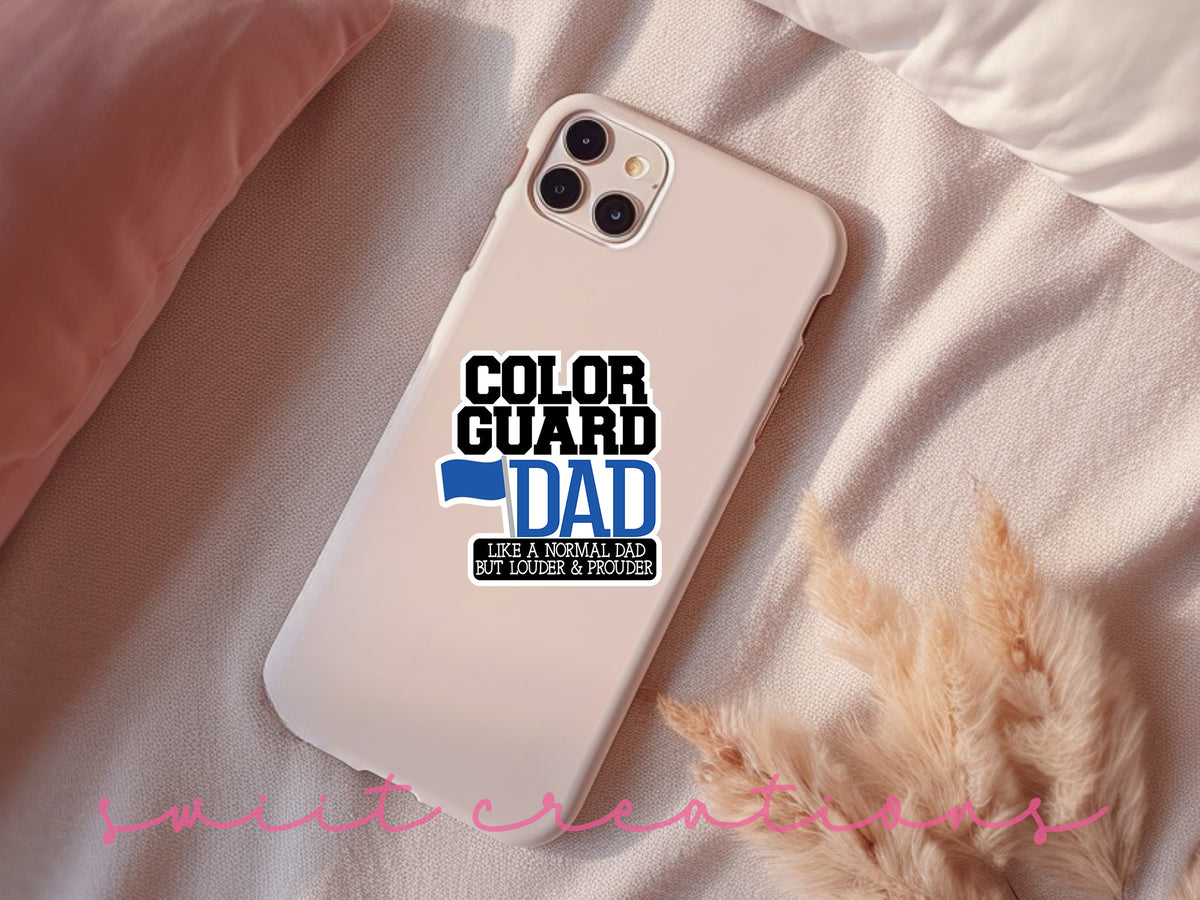 a white iphone case with the words color guard dad on it