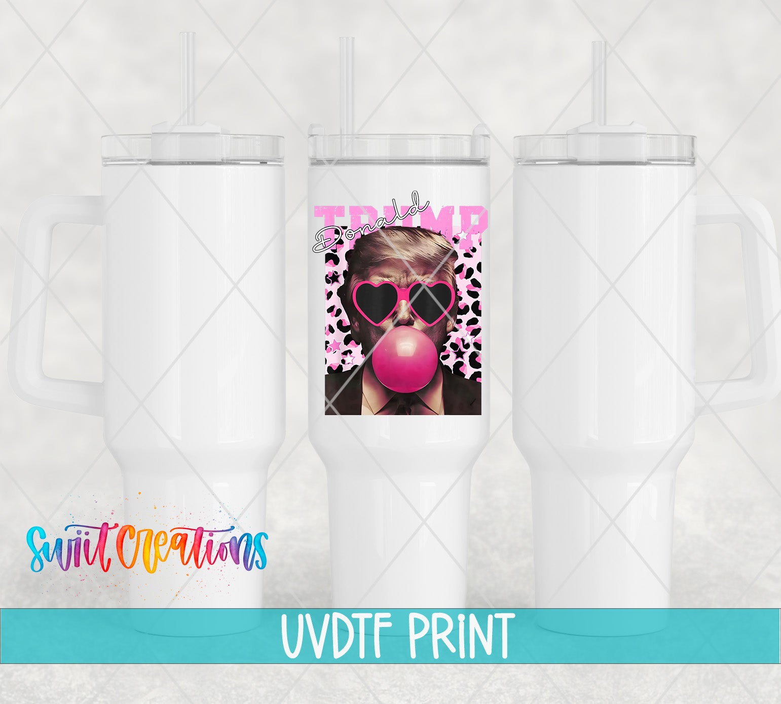 a collage of three white tumblers with a pink and black leopard print design and a pink bubble gum bubble.