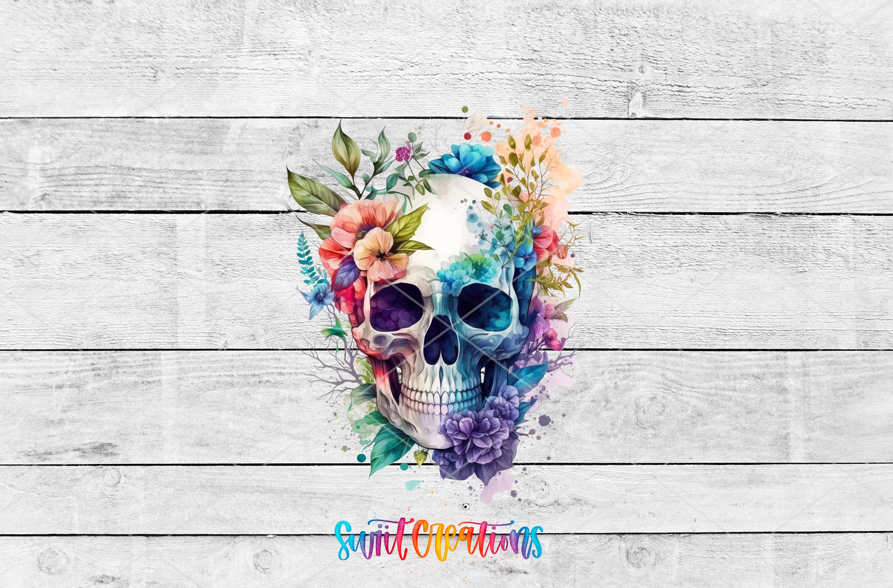 a watercolor skull with flowers on it