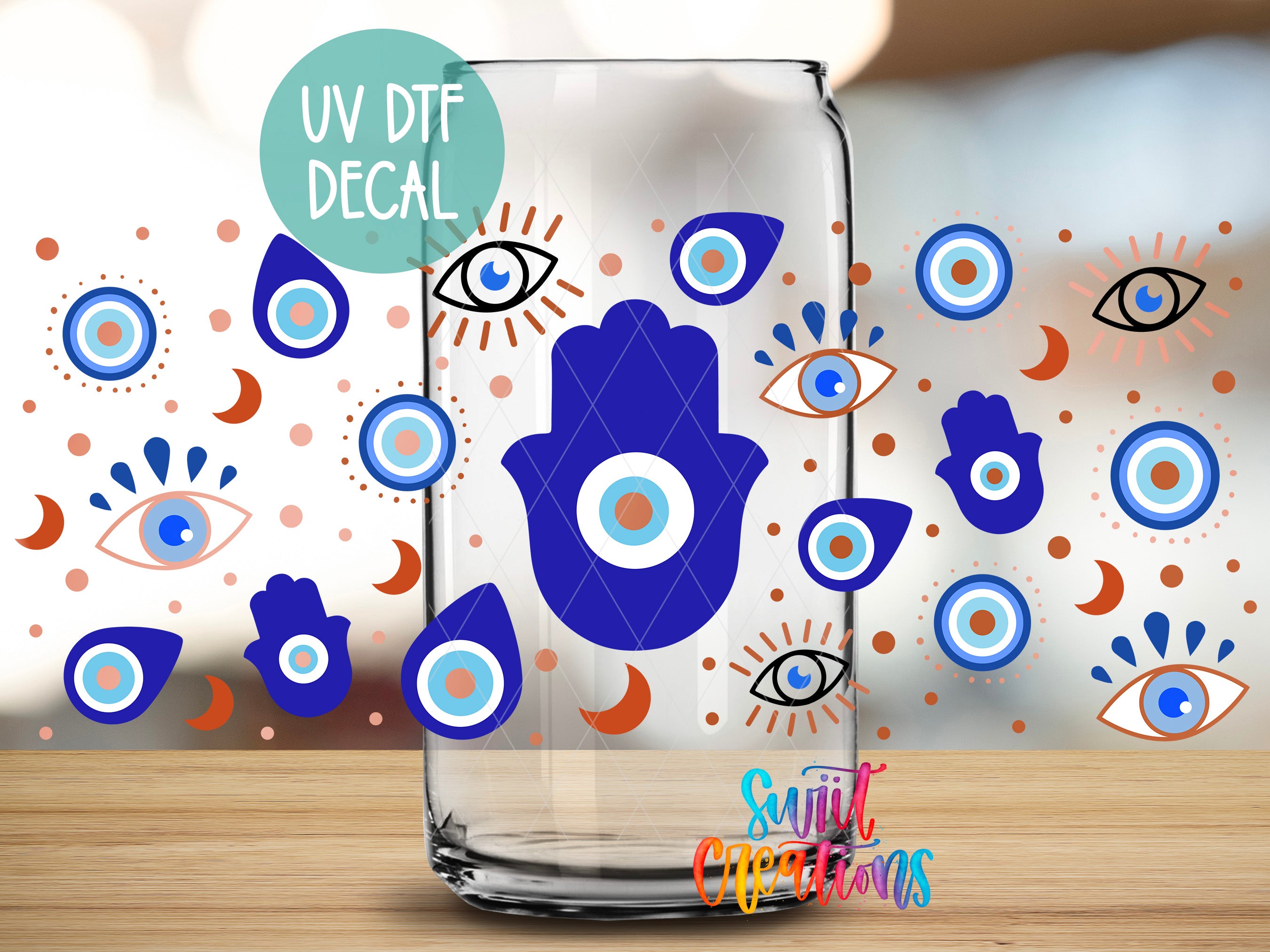 a glass jar with a hand of Hamsa design and various eye motifs surrounding it, including blue eyes, crescent moons, and other eye-related symbols.