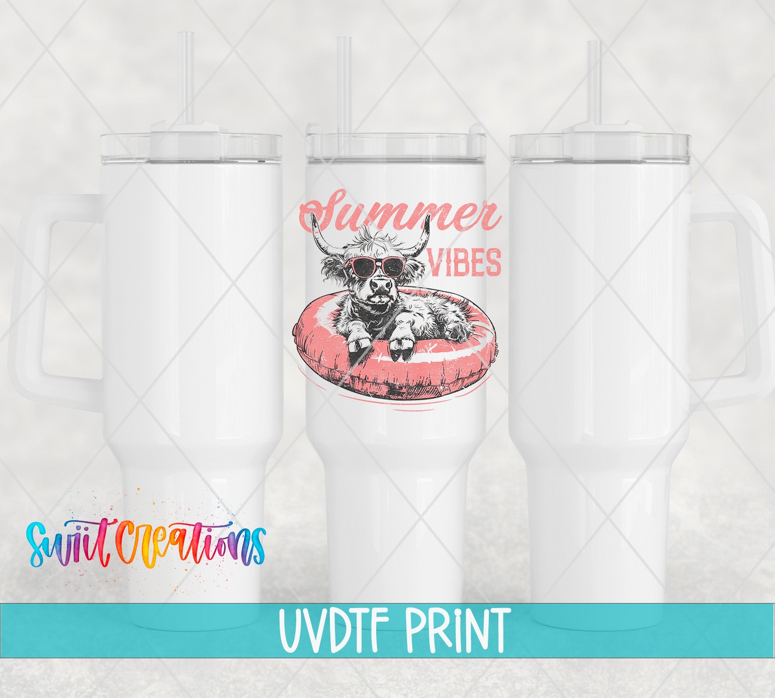 three white tumblers with a printed design on them. The design includes a cartoon cow wearing sunglasses and a red inner tube, with the text "Summer Vibes" written above it.