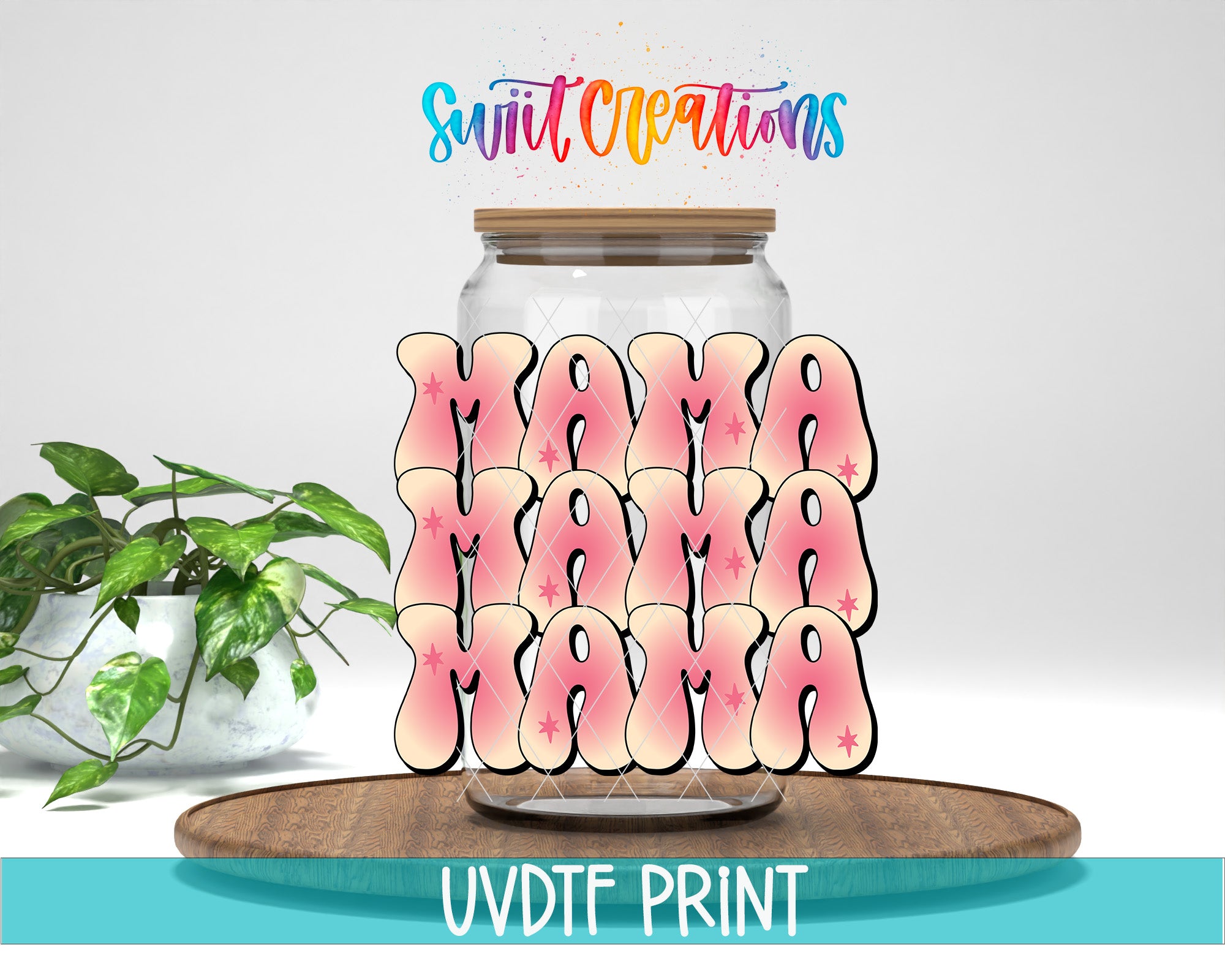 a large glass jar with the word "Mama" written on it in a stylized, colorful font. The jar is placed on a wooden surface, and there is a potted plant in the background.