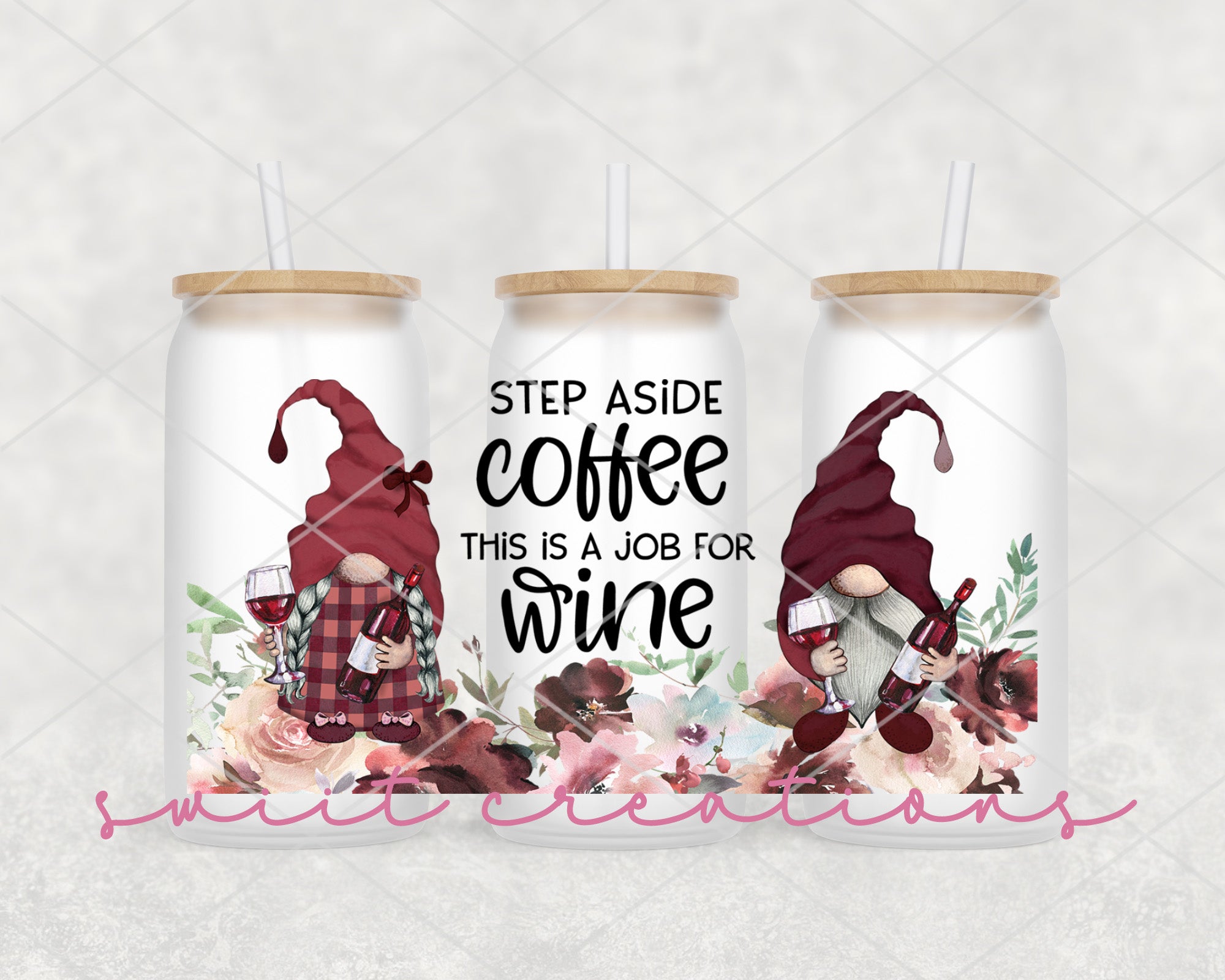 a couple of wine cans with gnomes on them