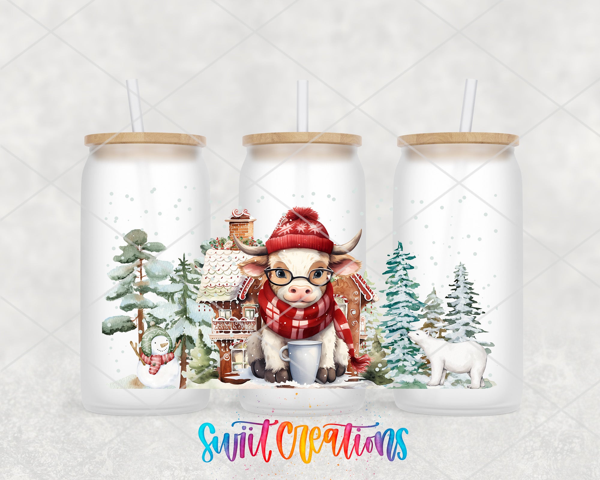 A collage of three glass tumblers with illustrations of a cow, a snowman, and a polar bear, along with straws and a text that reads "Swift Creations".