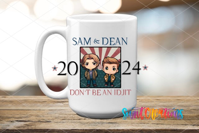 a coffee mug with a picture of two people on it