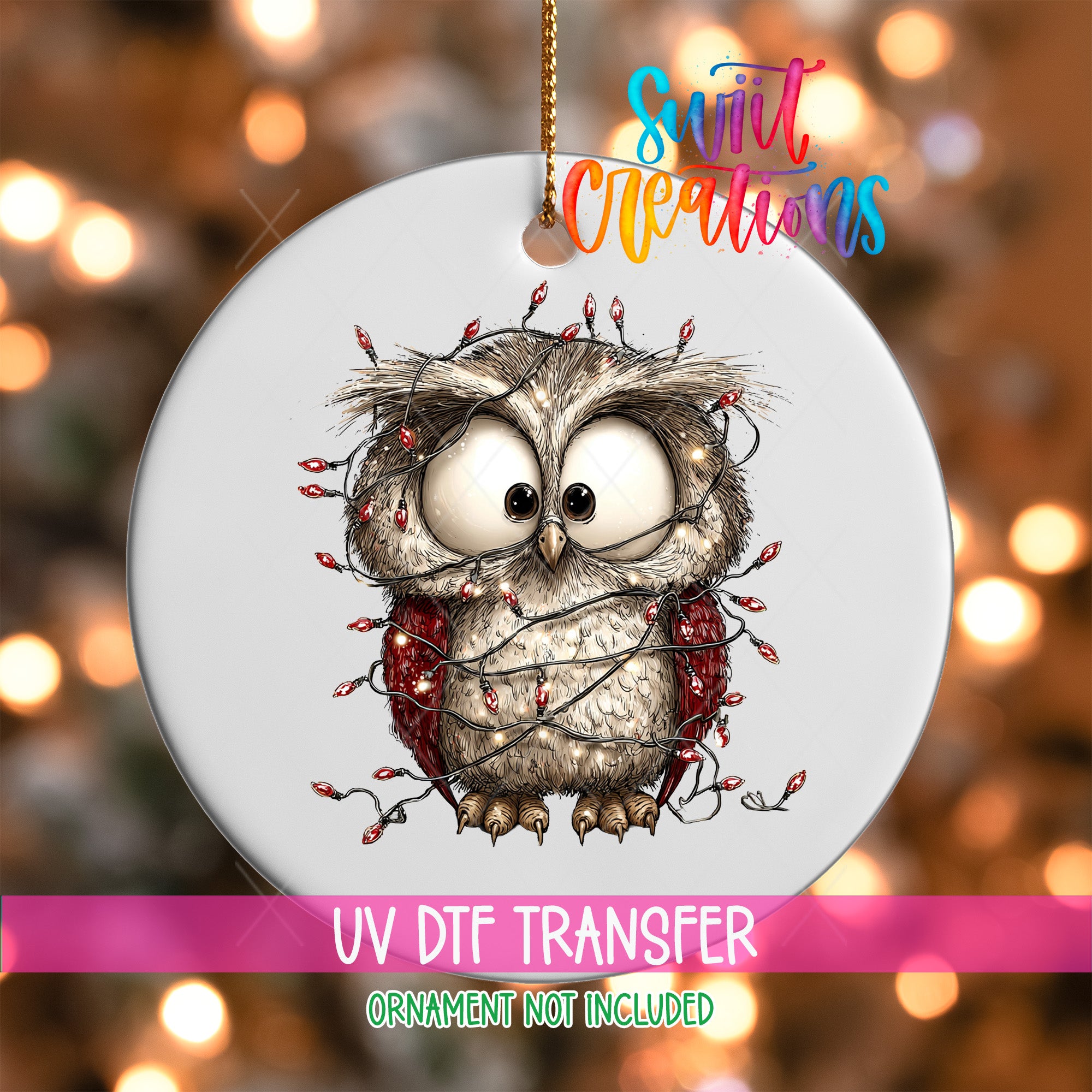A ceramic ornament featuring a cartoon owl with a Christmas tree design, surrounded by red lights.