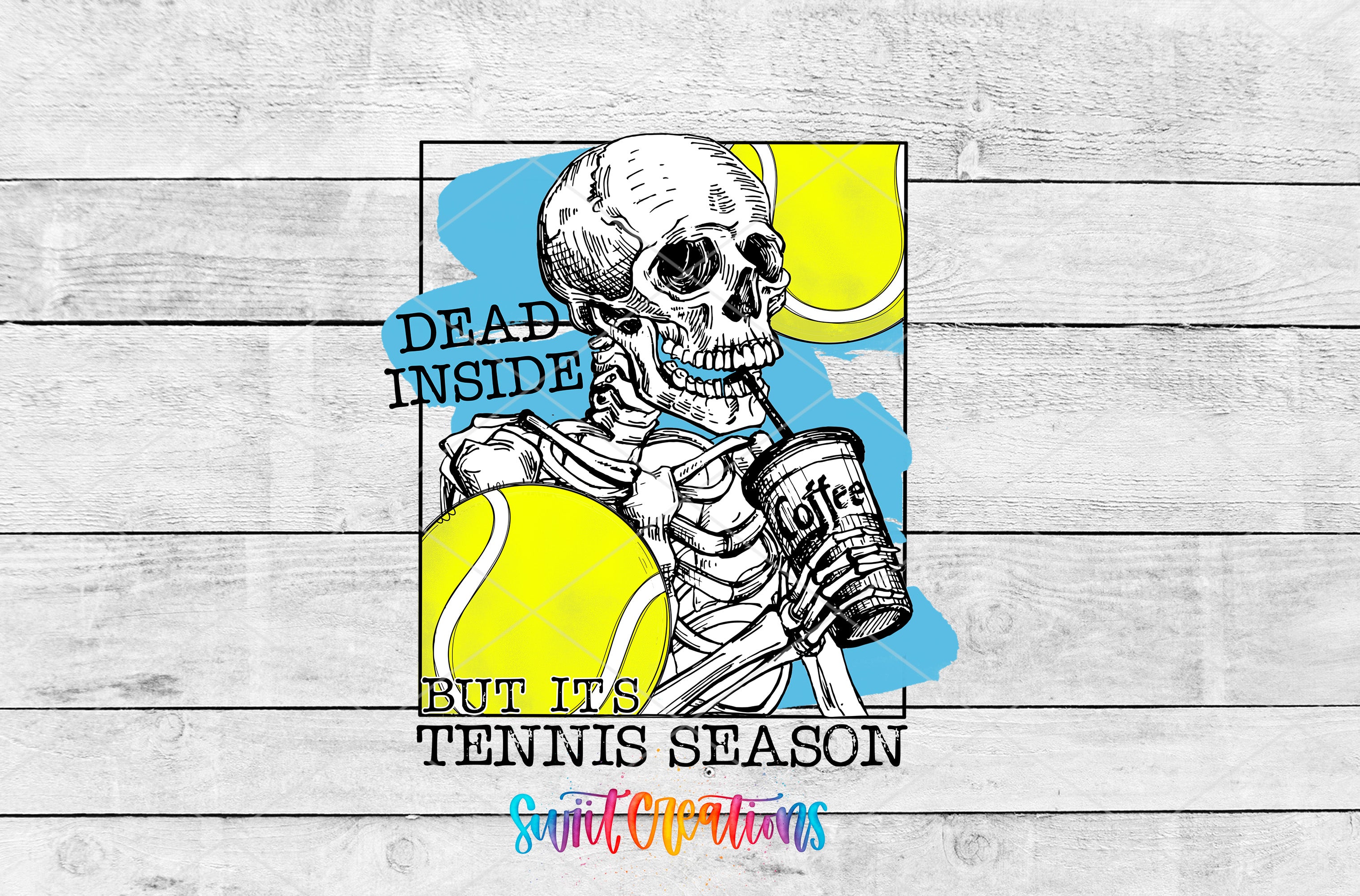 a skeleton holding a tennis racquet on top of a wooden wall
