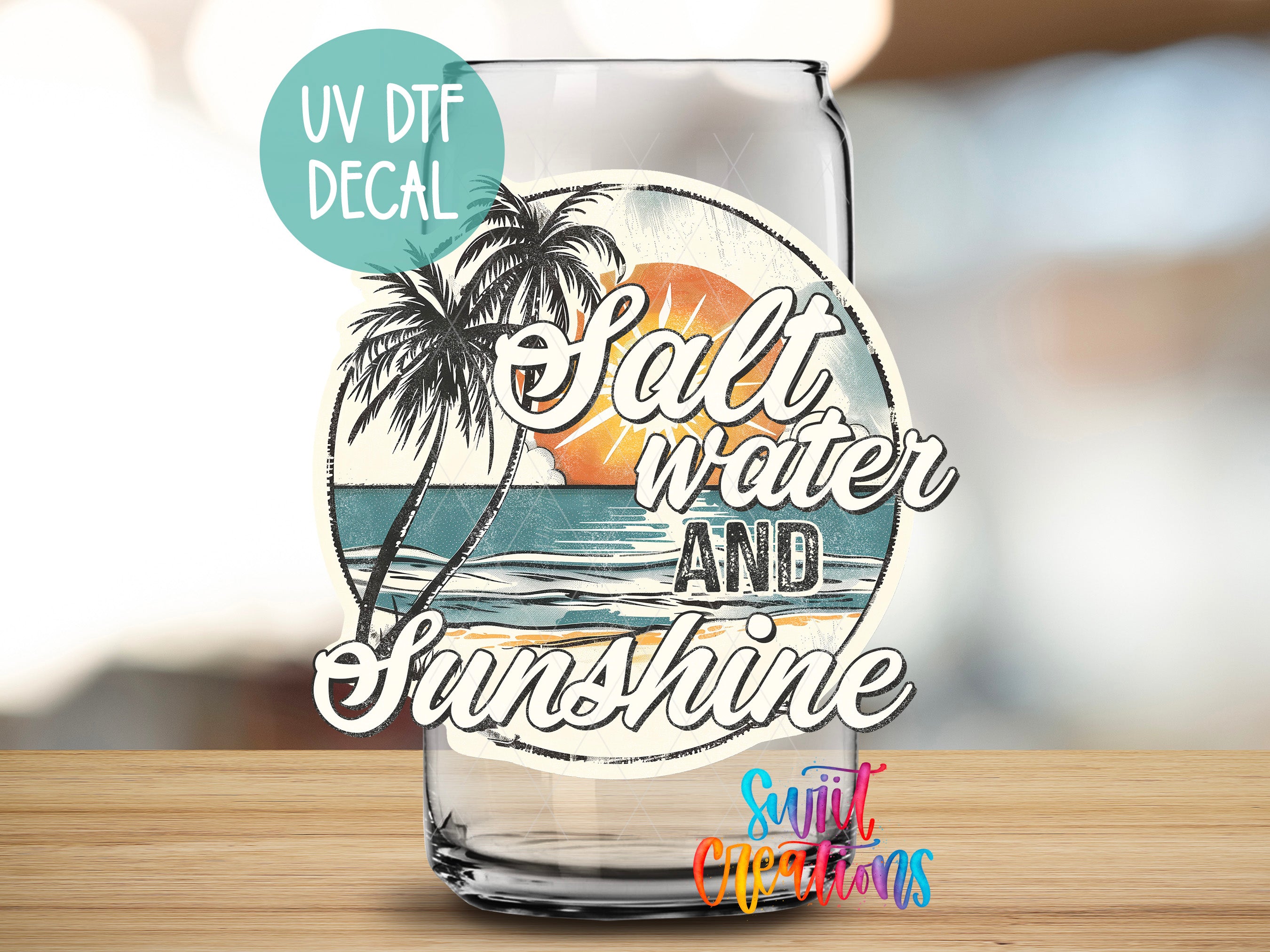a glass with a picture of a palm tree and the words salt water and sunshine