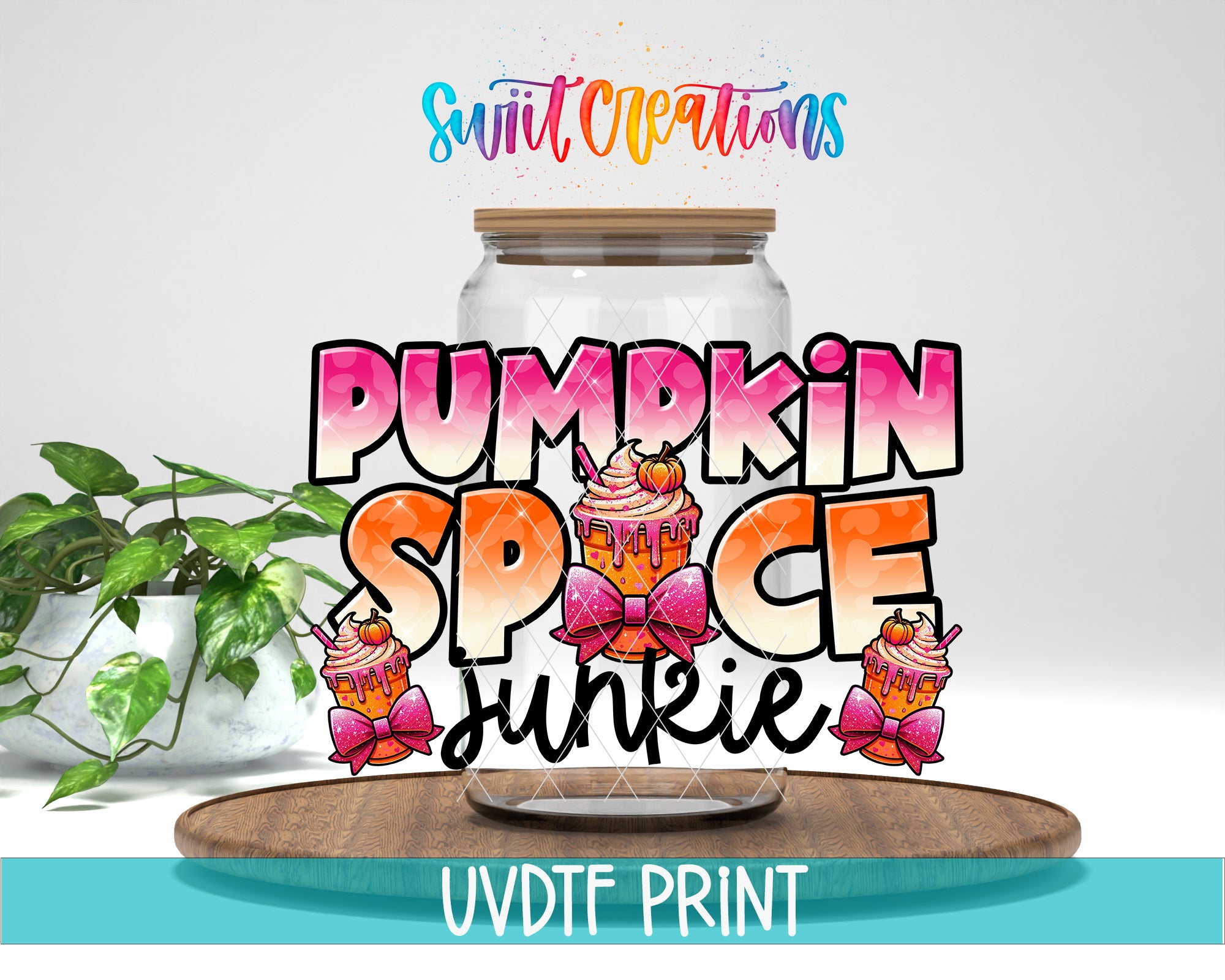 a glass jar with a lid, surrounded by a colorful and whimsical design that includes the words "Pumpkin Space Junkie" and illustrations of cupcakes and other festive elements.